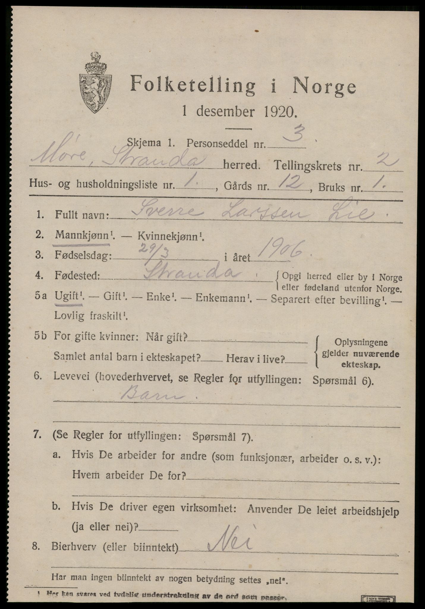 SAT, 1920 census for Stranda, 1920, p. 949