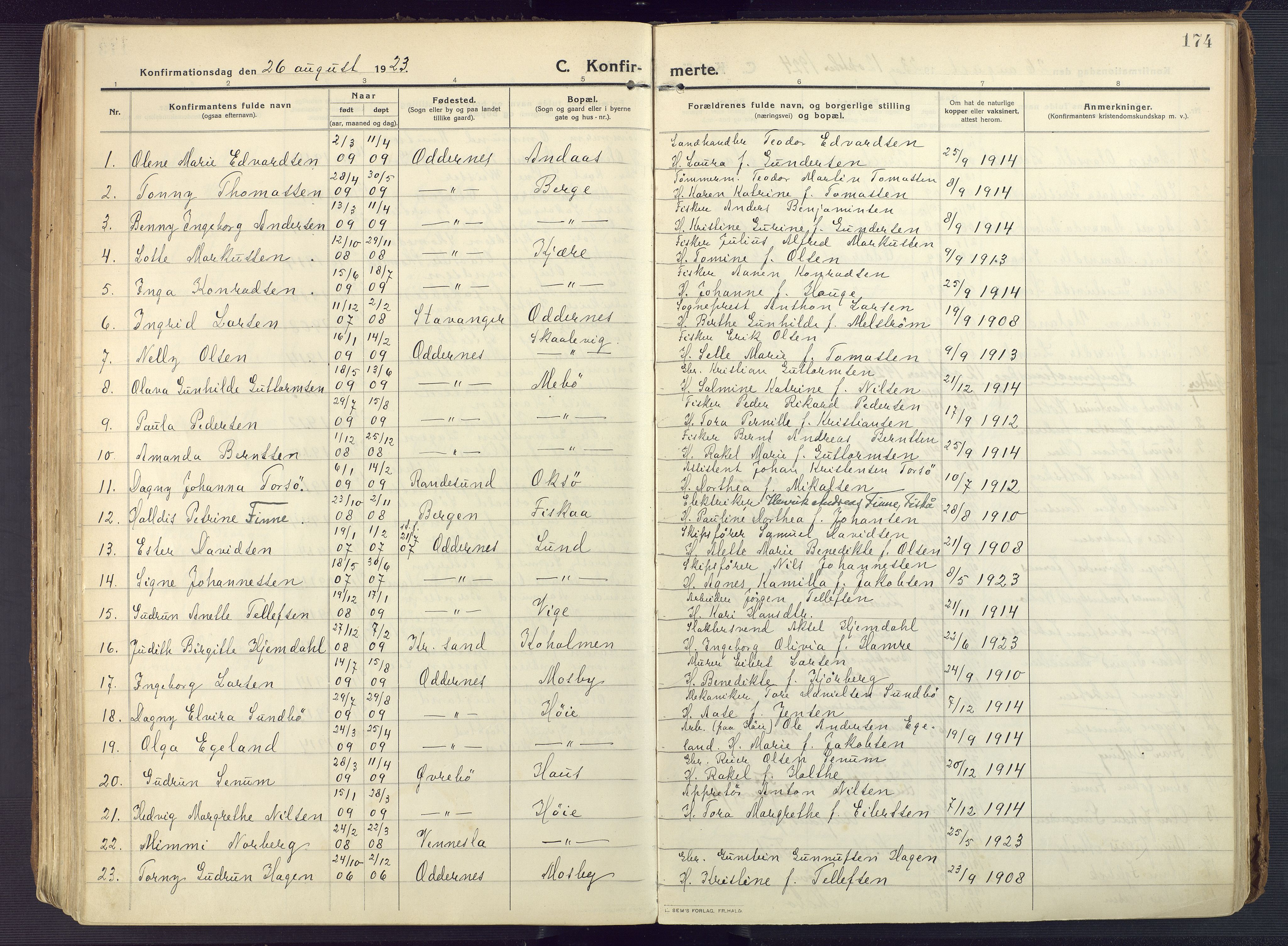 Oddernes sokneprestkontor, AV/SAK-1111-0033/F/Fa/Faa/L0012: Parish register (official) no. A 12, 1912-1925, p. 174