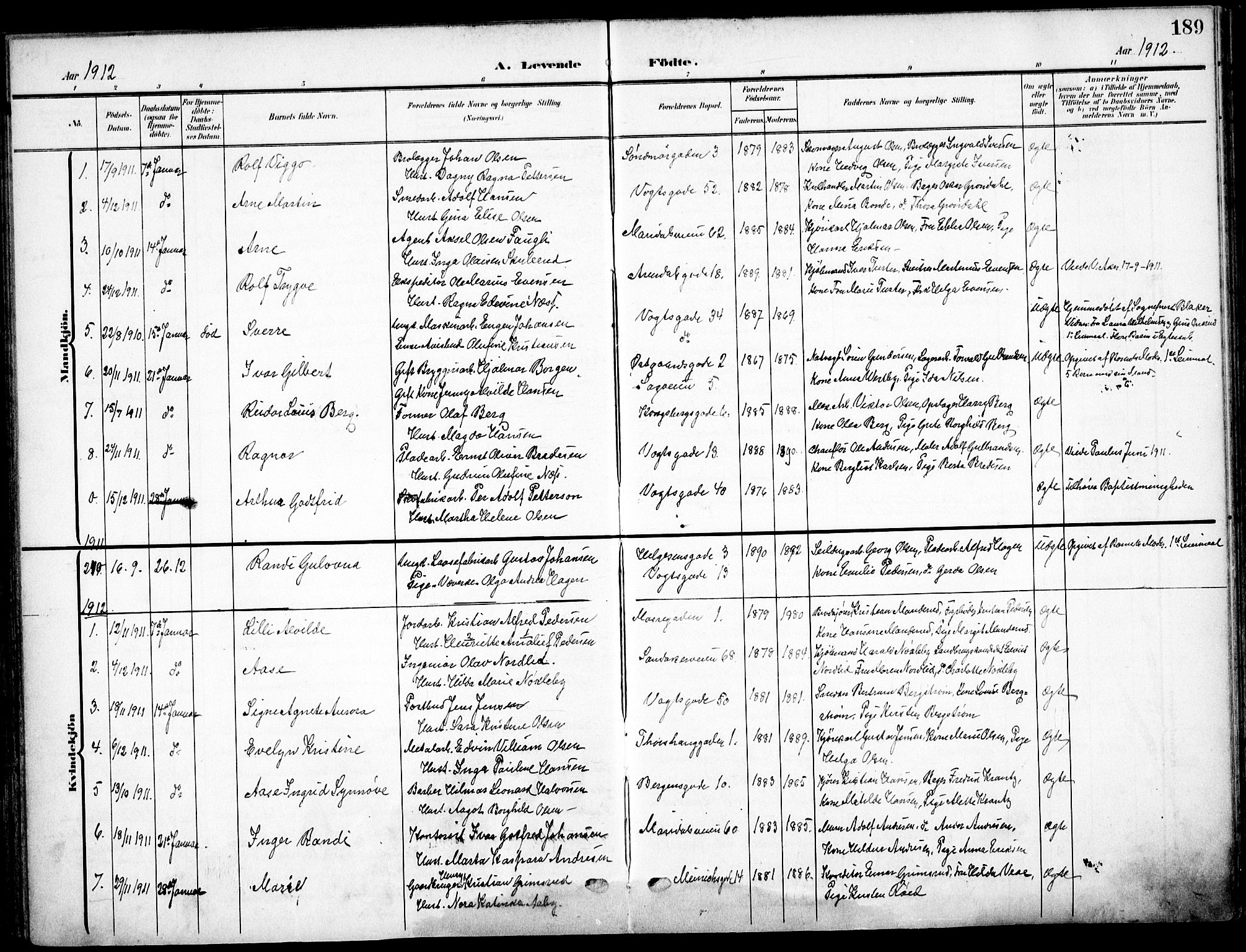 Sagene prestekontor Kirkebøker, SAO/A-10796/F/L0007: Parish register (official) no. 7, 1905-1915, p. 189