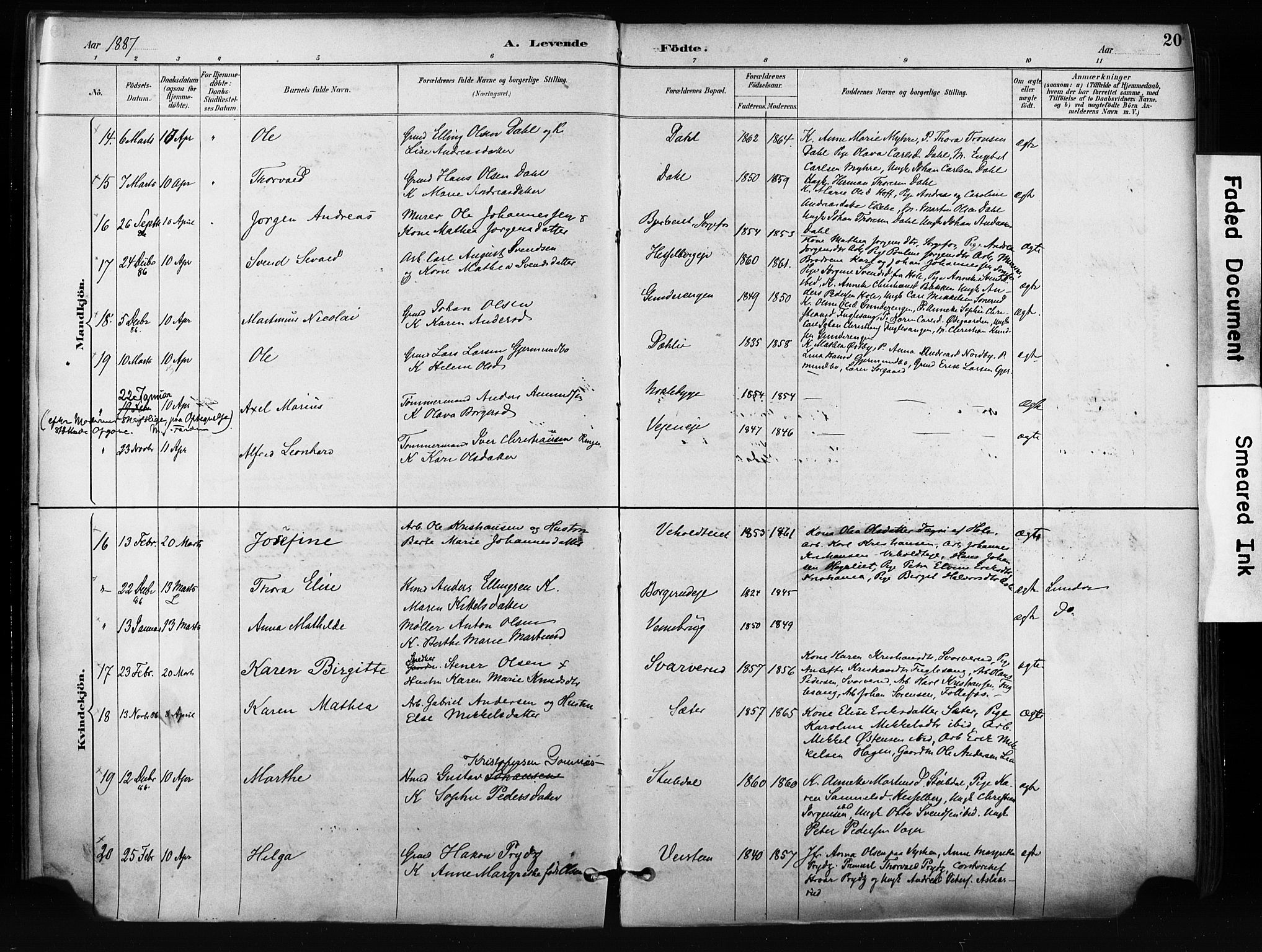 Norderhov kirkebøker, AV/SAKO-A-237/F/Fa/L0016: Parish register (official) no. 16, 1885-1902, p. 20