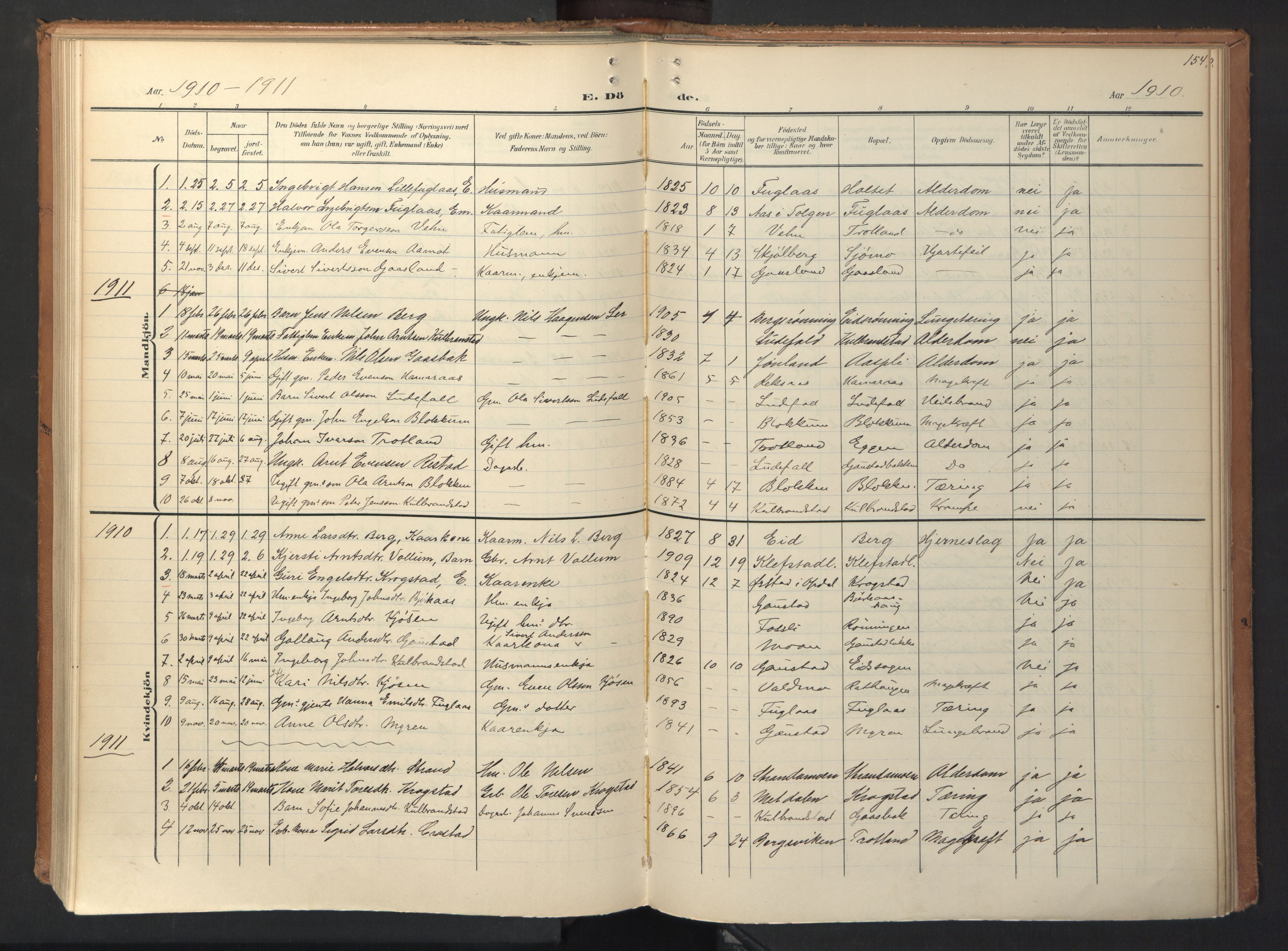Ministerialprotokoller, klokkerbøker og fødselsregistre - Sør-Trøndelag, SAT/A-1456/694/L1128: Parish register (official) no. 694A02, 1906-1931, p. 154