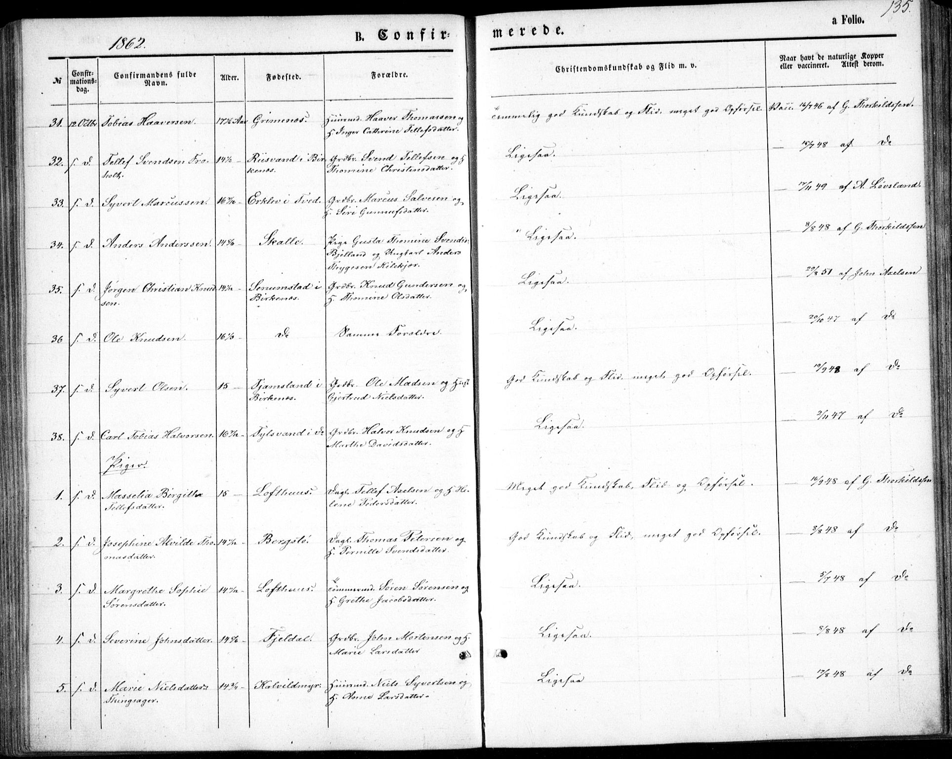 Vestre Moland sokneprestkontor, SAK/1111-0046/F/Fb/Fbb/L0004: Parish register (copy) no. B 4, 1861-1872, p. 135