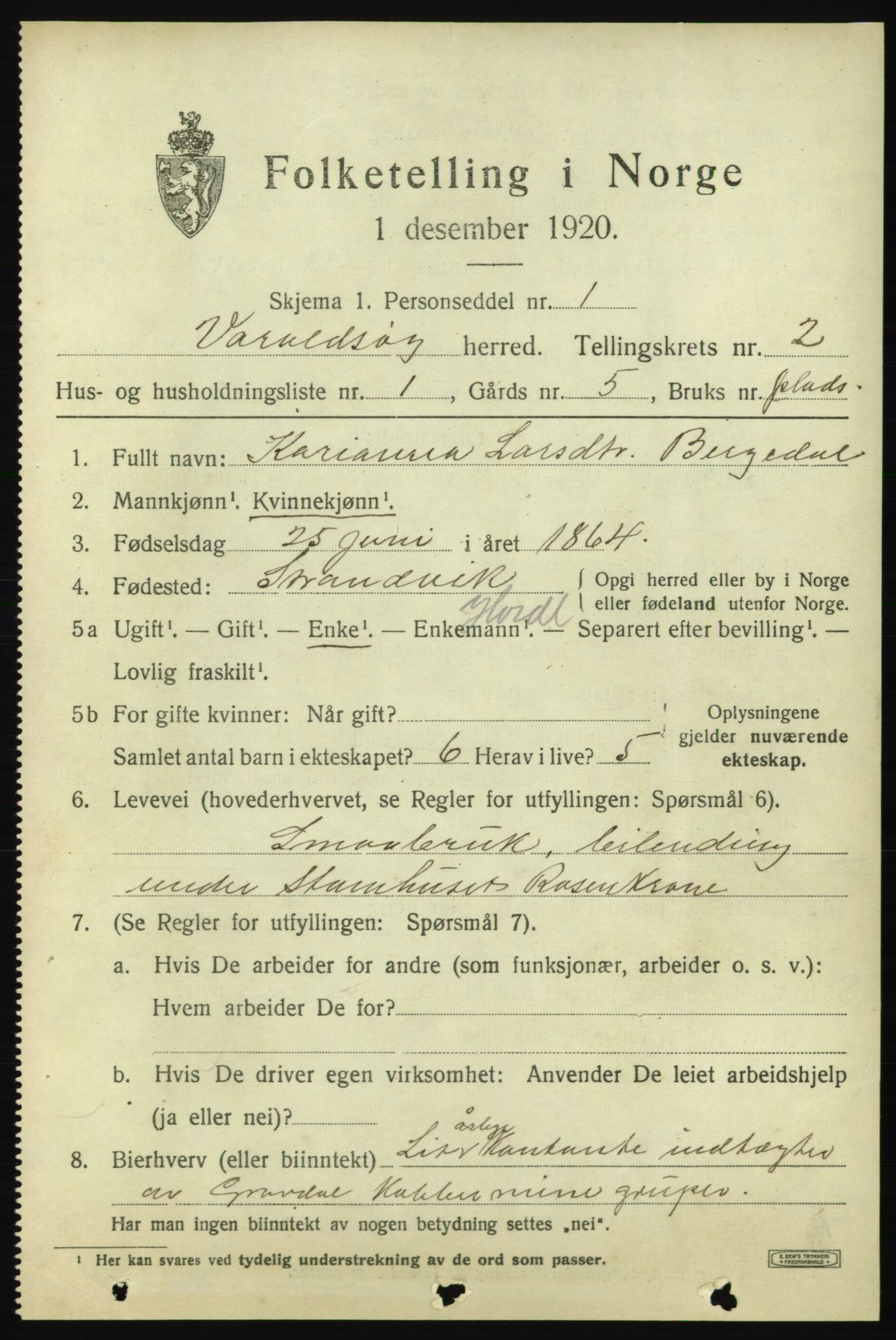 SAB, 1920 census for Varaldsøy, 1920, p. 737