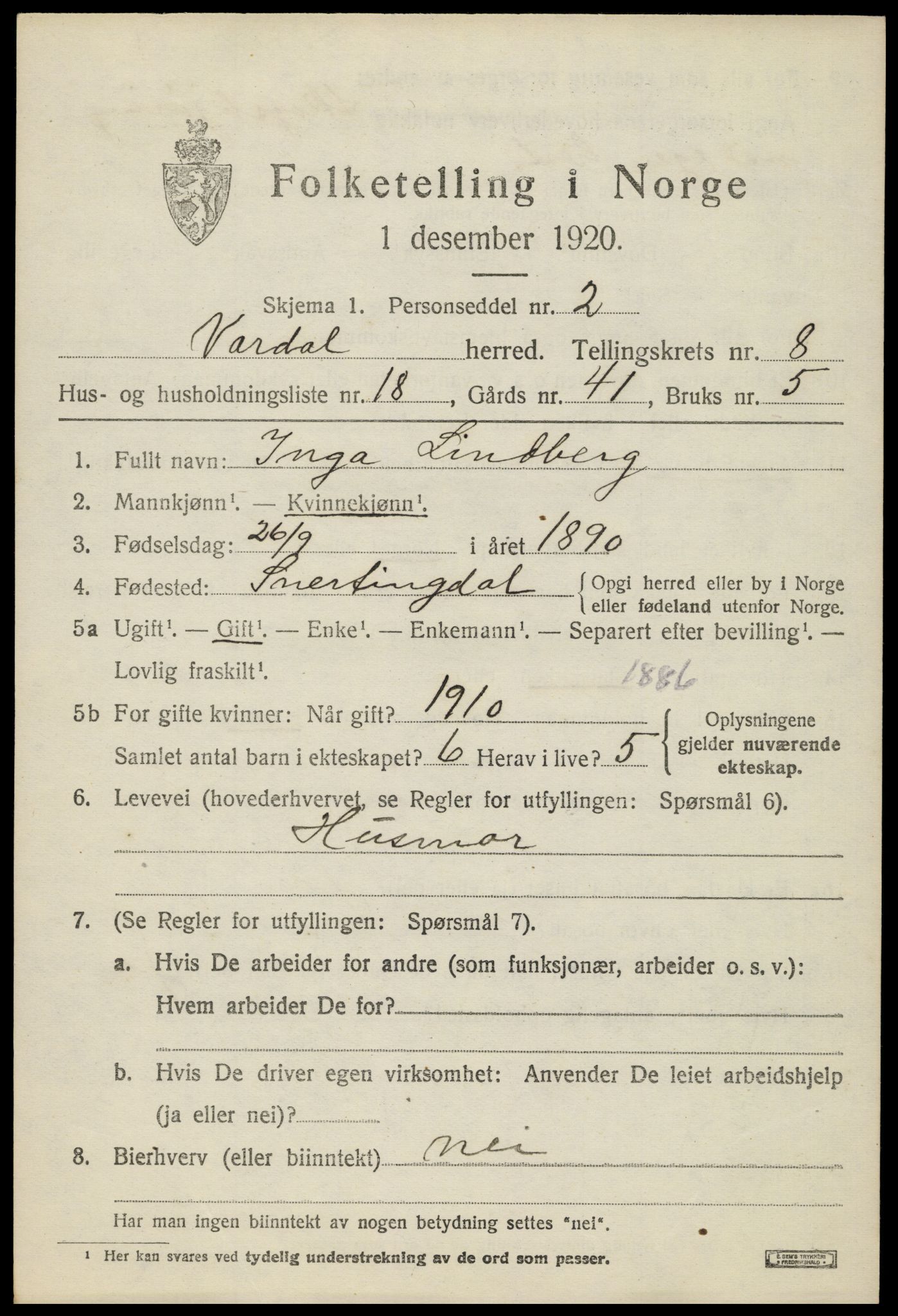 SAH, 1920 census for Vardal, 1920, p. 5925