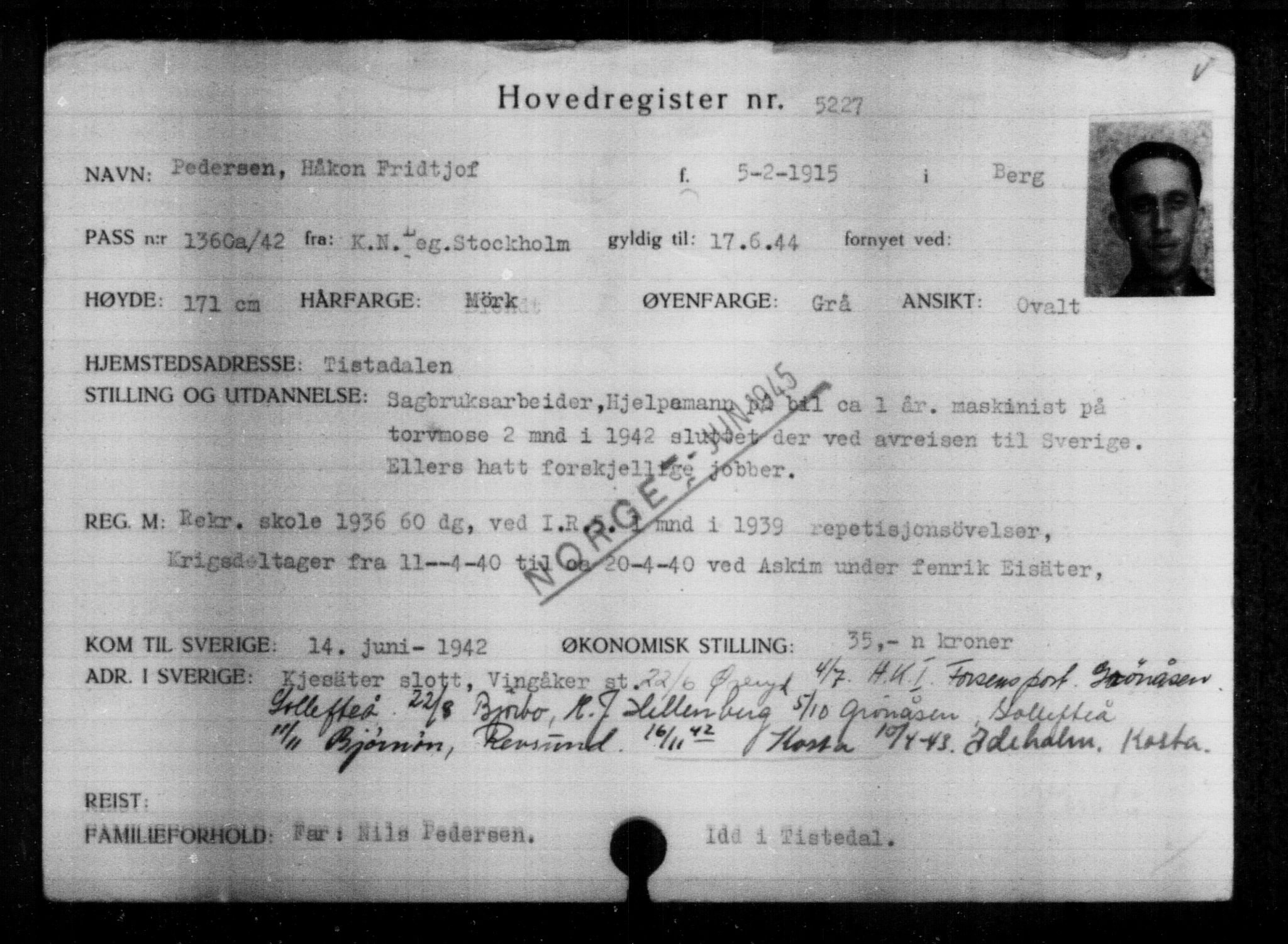 Utenriksstasjonene, Legasjonen i Stockholm, Flyktningkontoret, AV/RA-S-6753/V/Va/L0004: Kjesäterkartoteket, flyktninger med registreringsnr. 3496-6610, 1940-1945, p. 1990