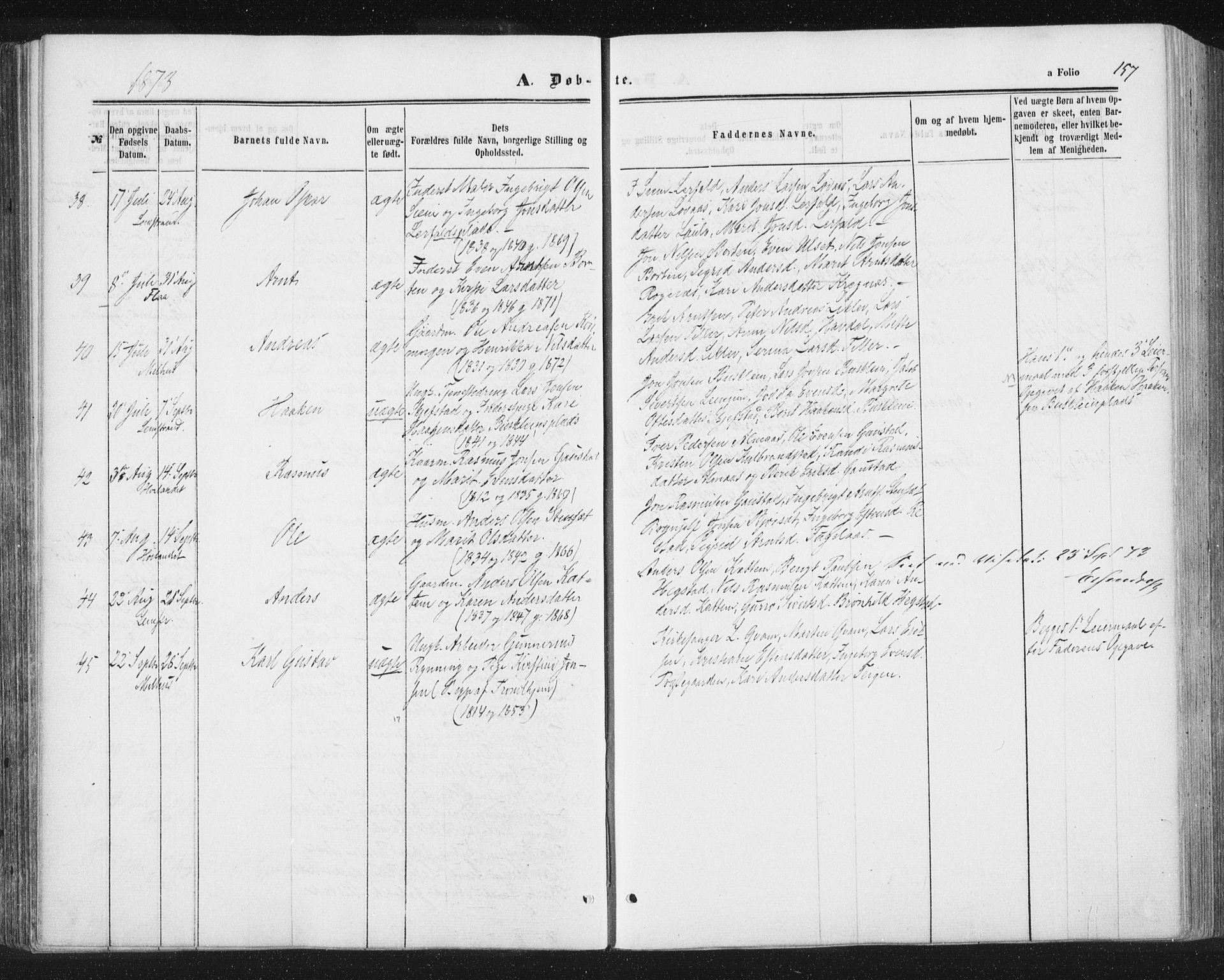 Ministerialprotokoller, klokkerbøker og fødselsregistre - Sør-Trøndelag, SAT/A-1456/691/L1077: Parish register (official) no. 691A09, 1862-1873, p. 157