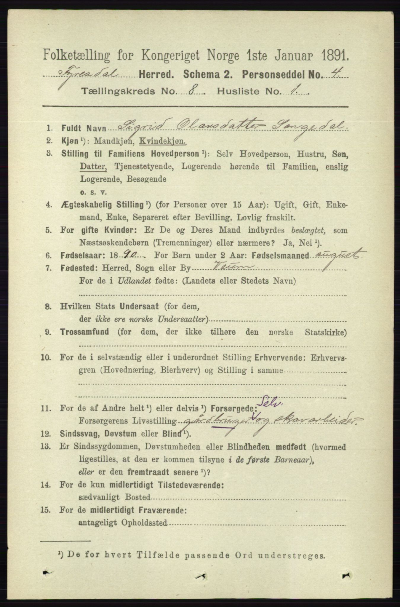 RA, 1891 census for 0831 Fyresdal, 1891, p. 2177