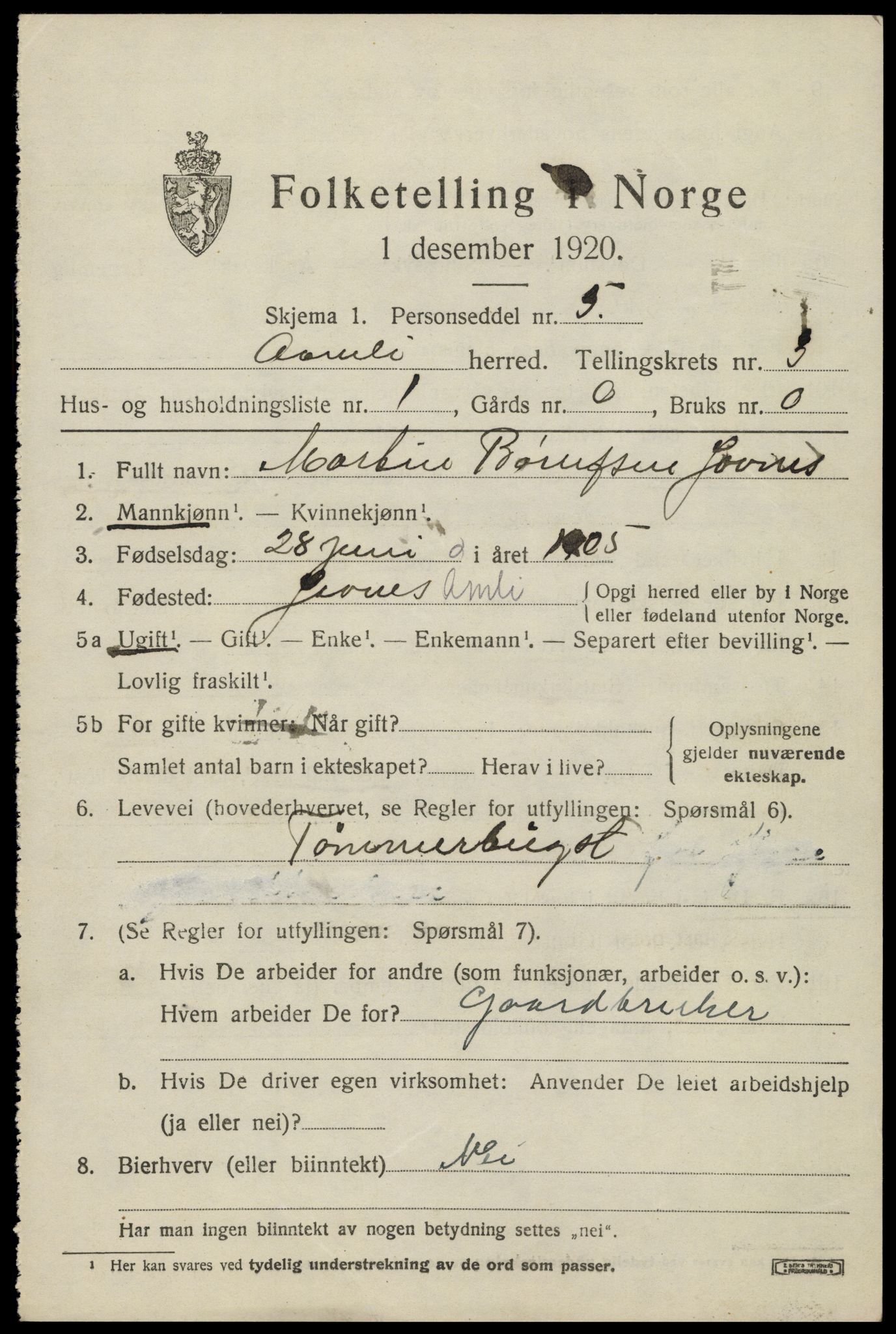 SAK, 1920 census for Åmli, 1920, p. 1259