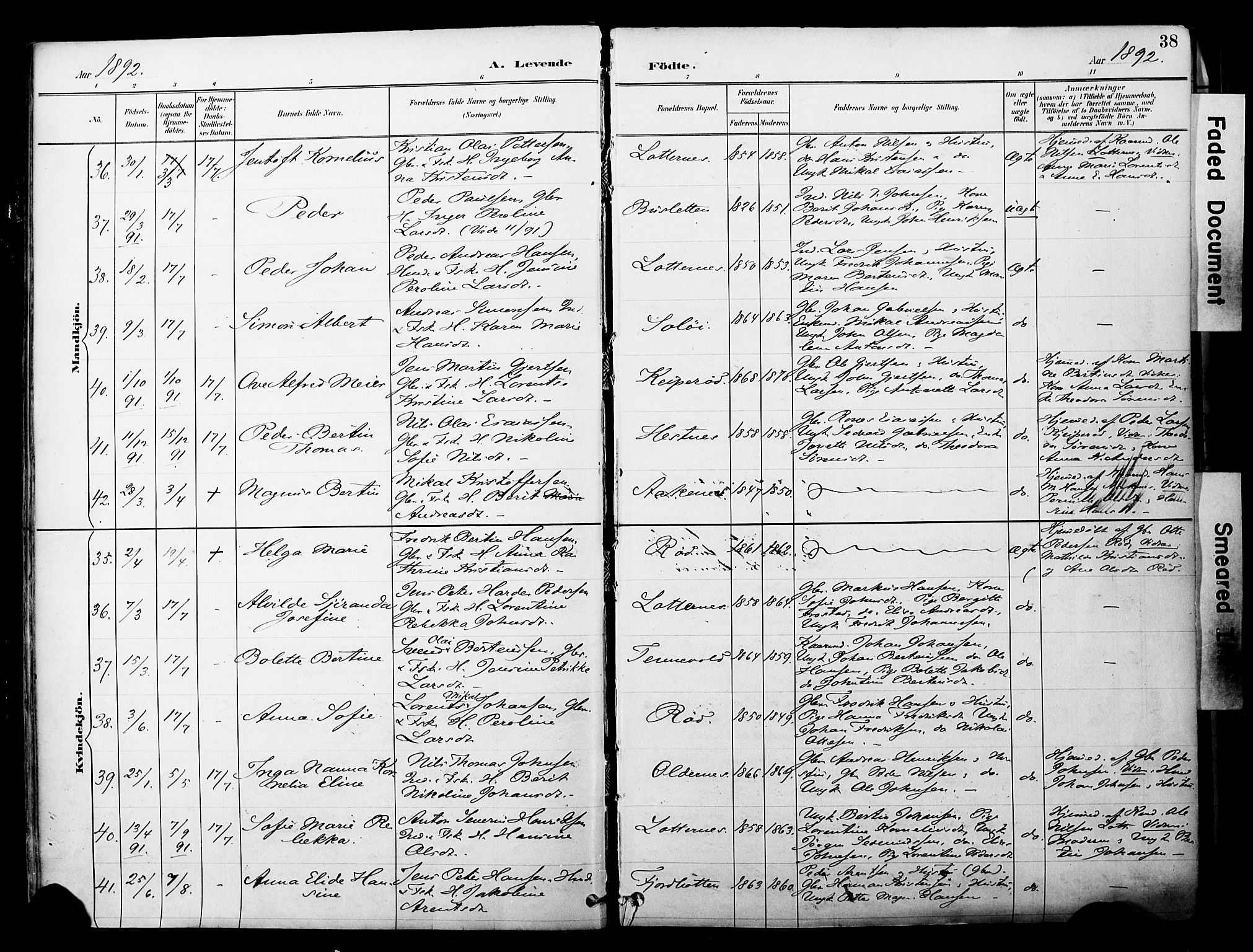Ibestad sokneprestembete, AV/SATØ-S-0077/H/Ha/Haa/L0012kirke: Parish register (official) no. 12, 1890-1900, p. 38
