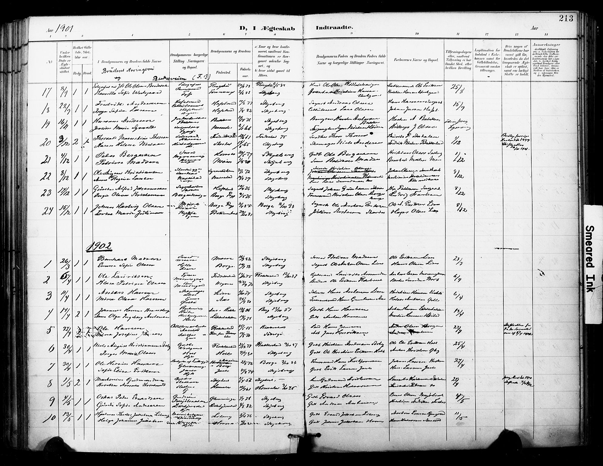 Skjeberg prestekontor Kirkebøker, SAO/A-10923/F/Fa/L0010: Parish register (official) no. I 10, 1898-1911, p. 213