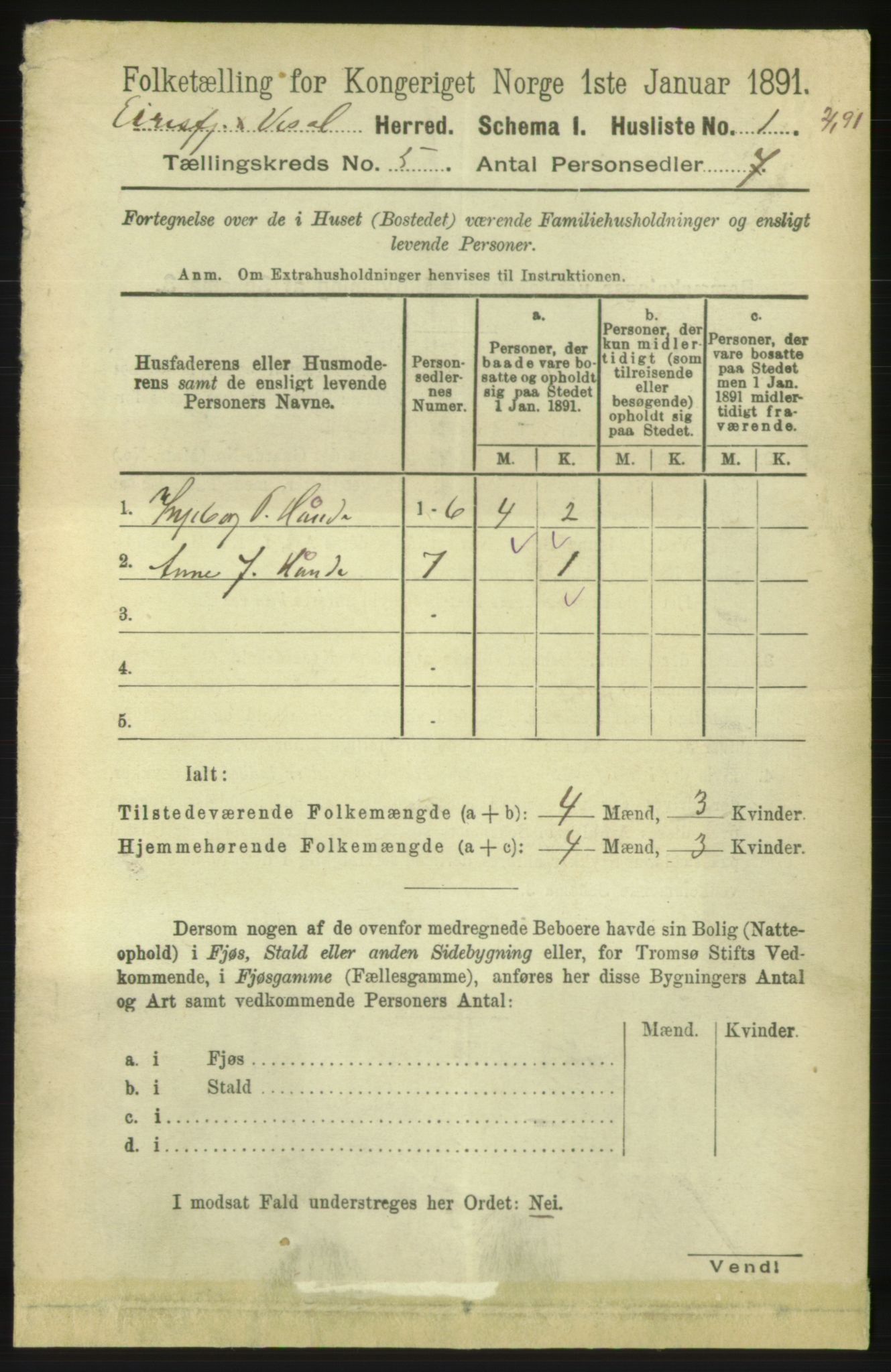 RA, 1891 census for 1542 Eresfjord og Vistdal, 1891, p. 1043