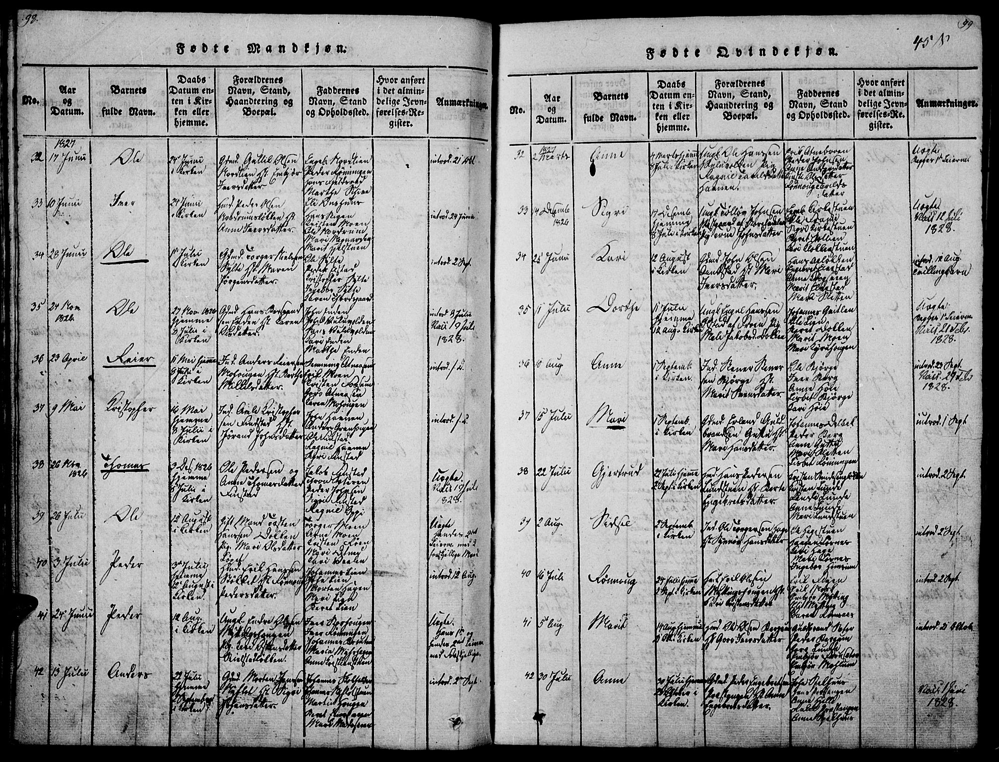 Ringebu prestekontor, AV/SAH-PREST-082/H/Ha/Haa/L0004: Parish register (official) no. 4, 1821-1839, p. 98-99