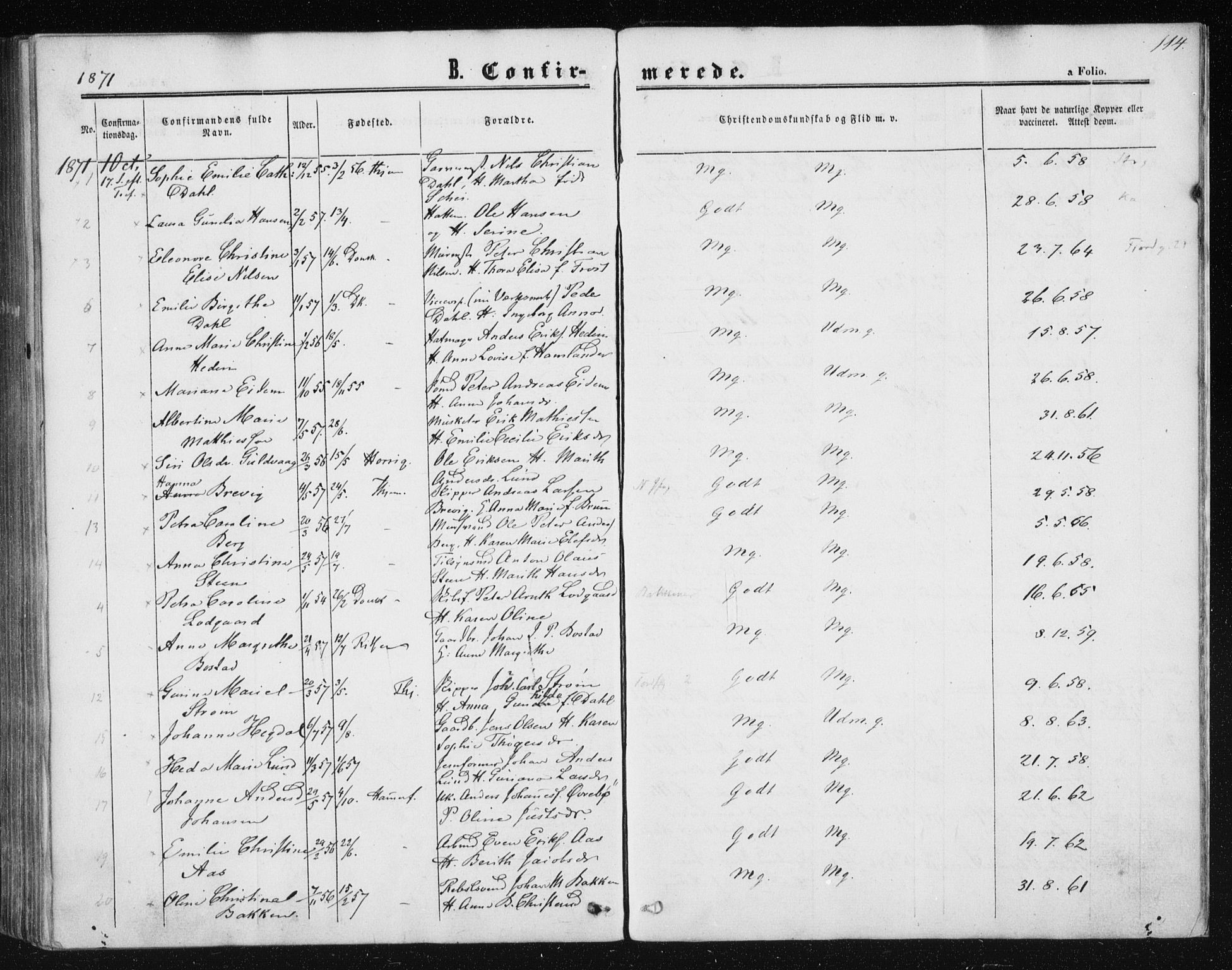 Ministerialprotokoller, klokkerbøker og fødselsregistre - Sør-Trøndelag, SAT/A-1456/602/L0114: Parish register (official) no. 602A12, 1856-1872, p. 114