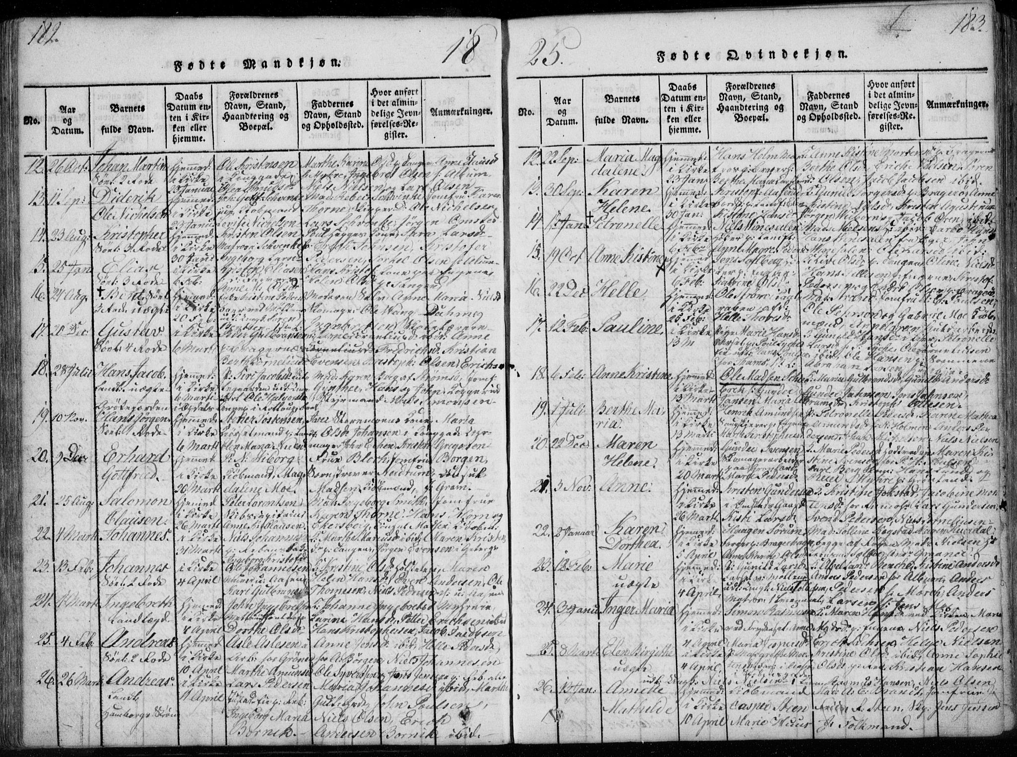 Bragernes kirkebøker, AV/SAKO-A-6/F/Fa/L0007: Parish register (official) no. I 7, 1815-1829, p. 182-183