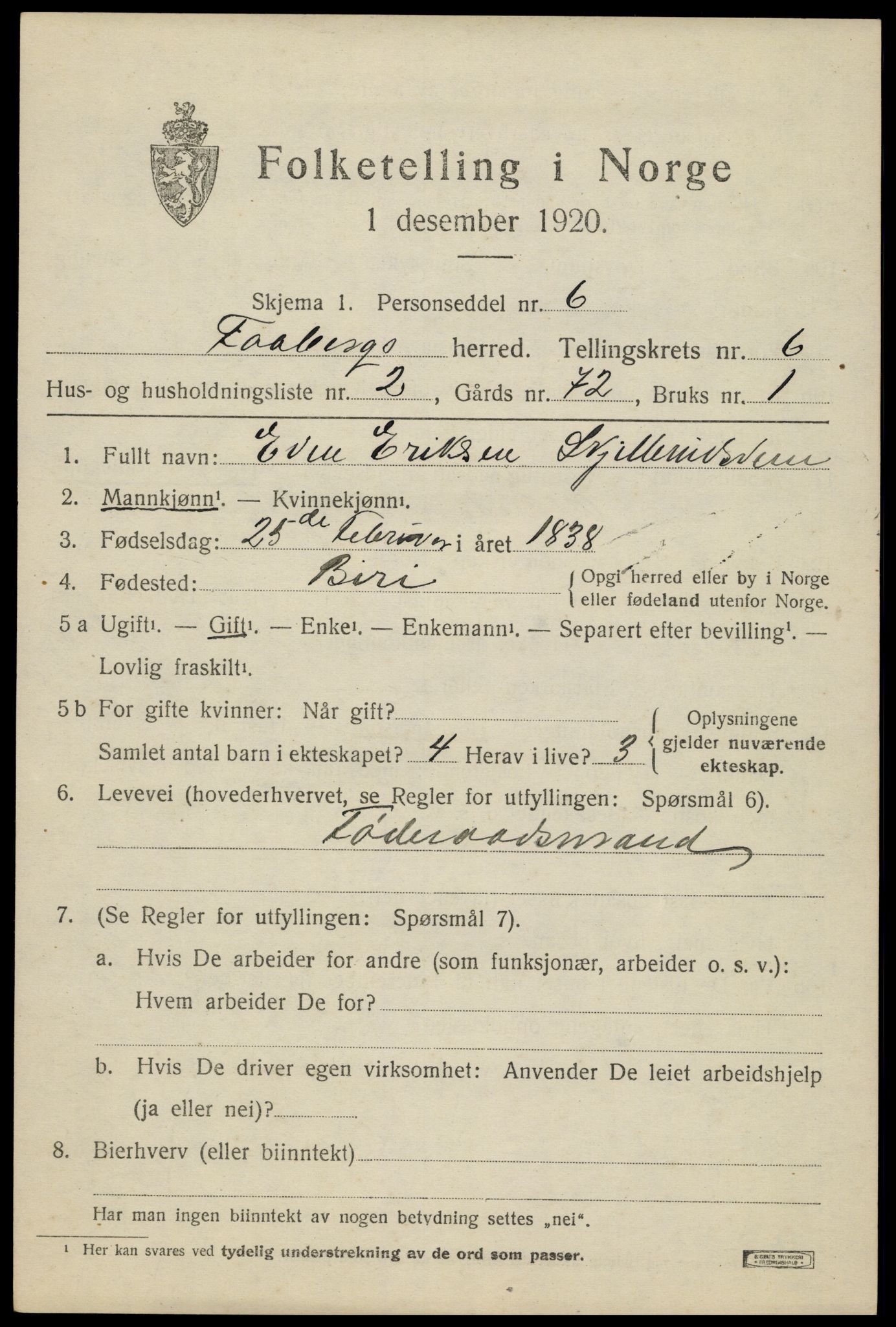 SAH, 1920 census for Fåberg, 1920, p. 7380