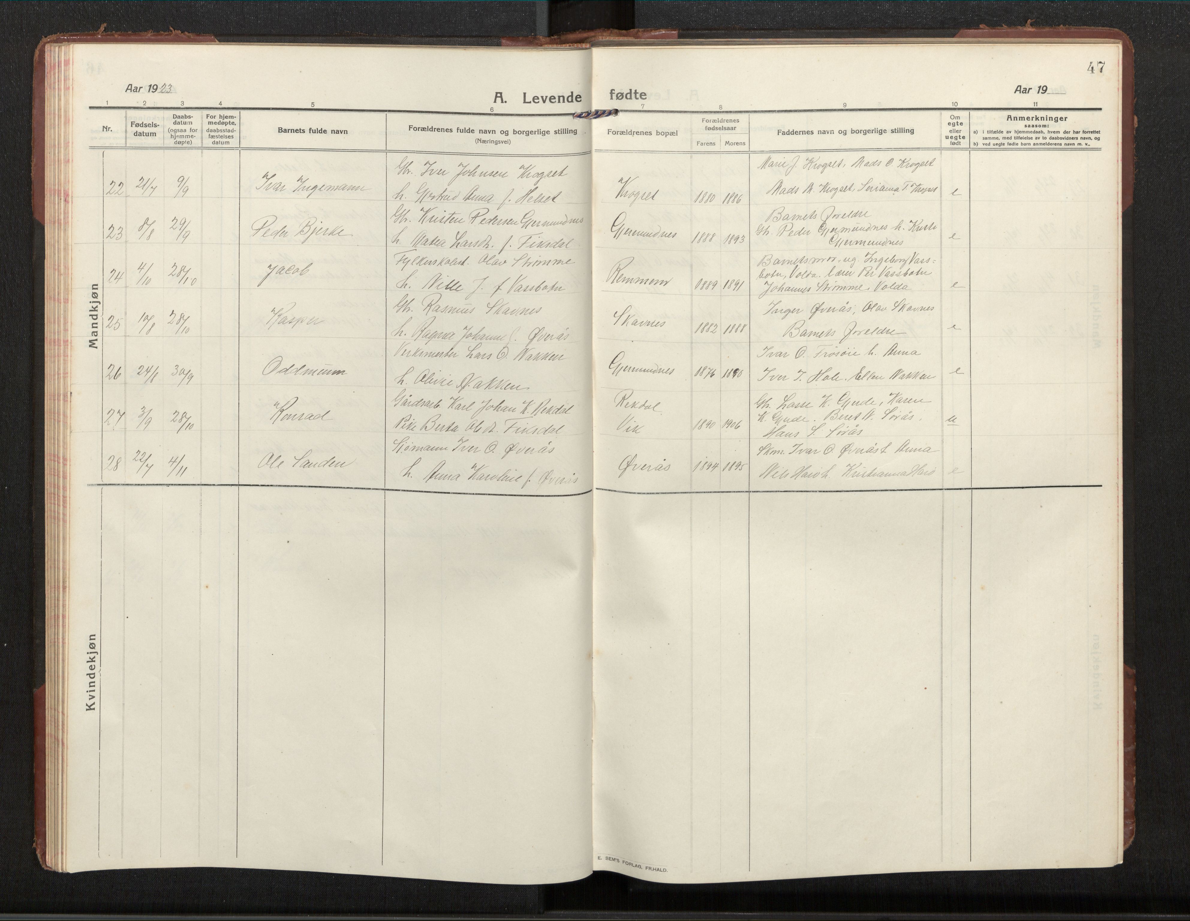 Ministerialprotokoller, klokkerbøker og fødselsregistre - Møre og Romsdal, AV/SAT-A-1454/539/L0536a: Parish register (copy) no. 539C03, 1912-1936, p. 47