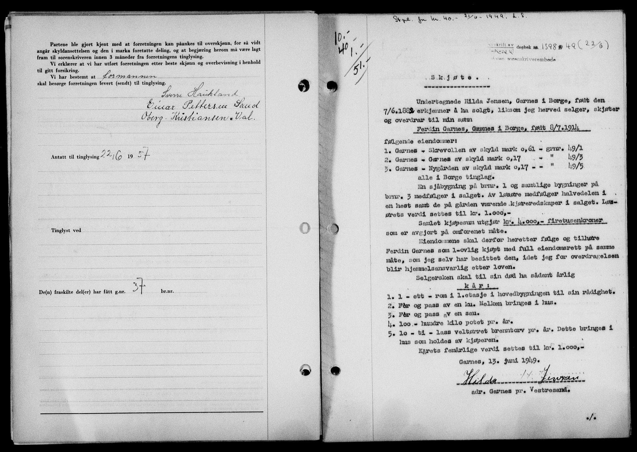 Lofoten sorenskriveri, SAT/A-0017/1/2/2C/L0021a: Mortgage book no. 21a, 1949-1949, Diary no: : 1398/1949