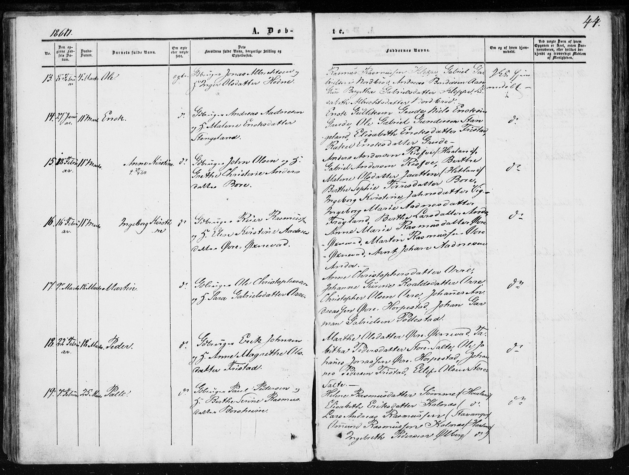 Klepp sokneprestkontor, AV/SAST-A-101803/001/3/30BA/L0005: Parish register (official) no. A 5, 1853-1870, p. 44