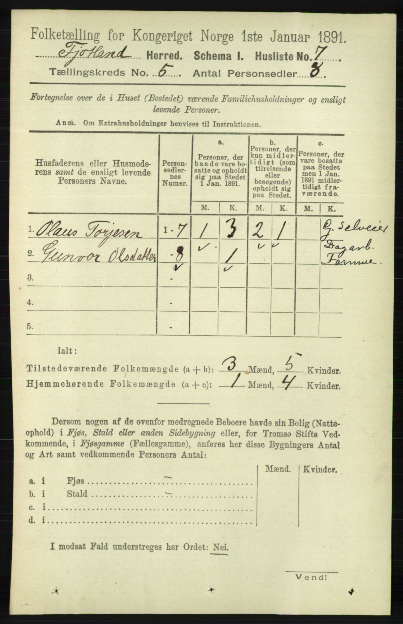 RA, 1891 census for 1036 Fjotland, 1891, p. 705