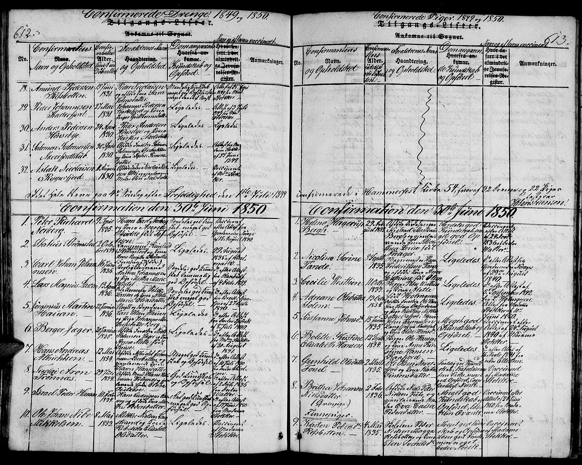 Hammerfest sokneprestkontor, AV/SATØ-S-1347/H/Hb/L0001.klokk: Parish register (copy) no. 1, 1822-1850, p. 612-613