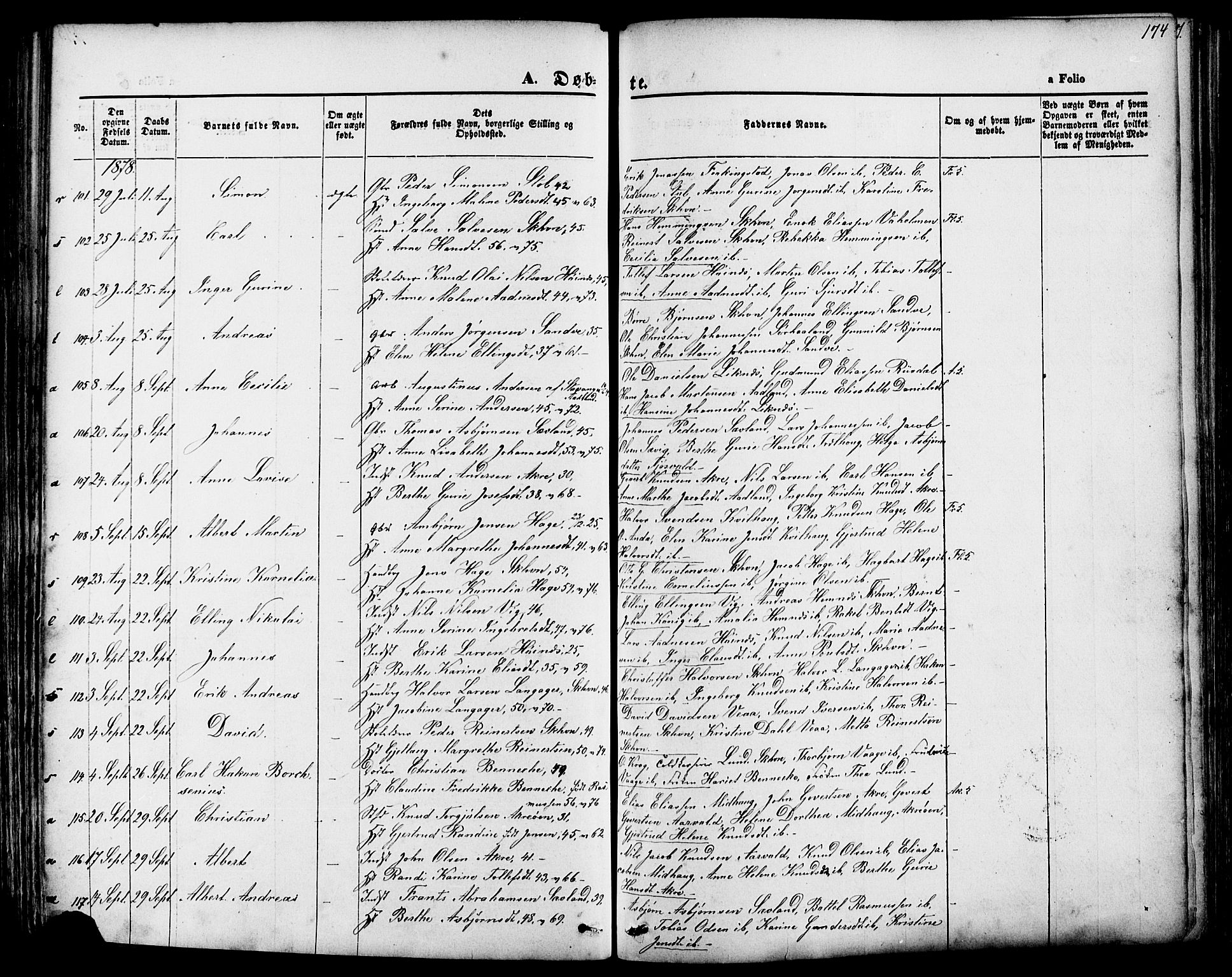 Skudenes sokneprestkontor, AV/SAST-A -101849/H/Ha/Haa/L0006: Parish register (official) no. A 4, 1864-1881, p. 174