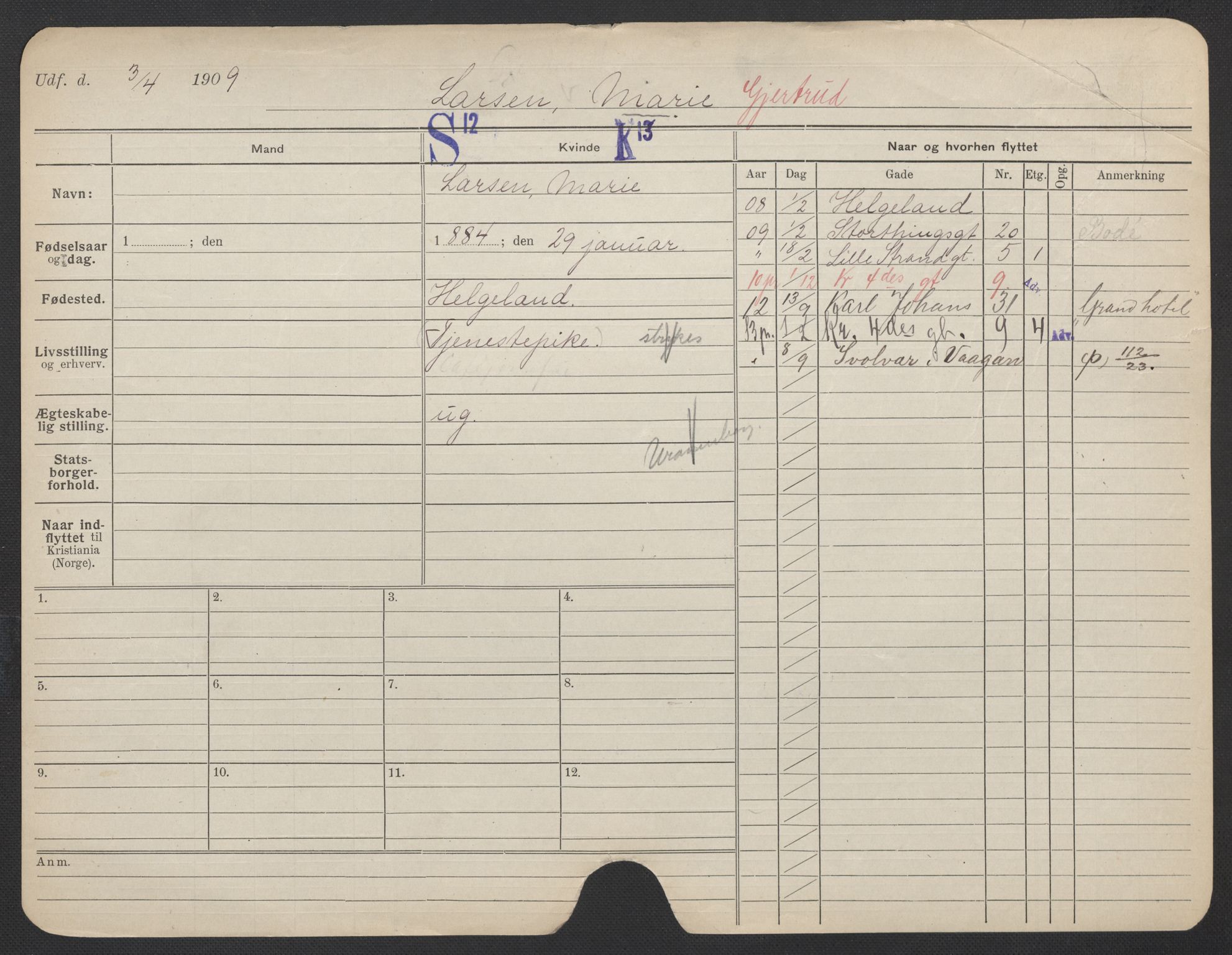 Oslo folkeregister, Registerkort, AV/SAO-A-11715/F/Fa/Fac/L0019: Kvinner, 1906-1914, p. 1078a