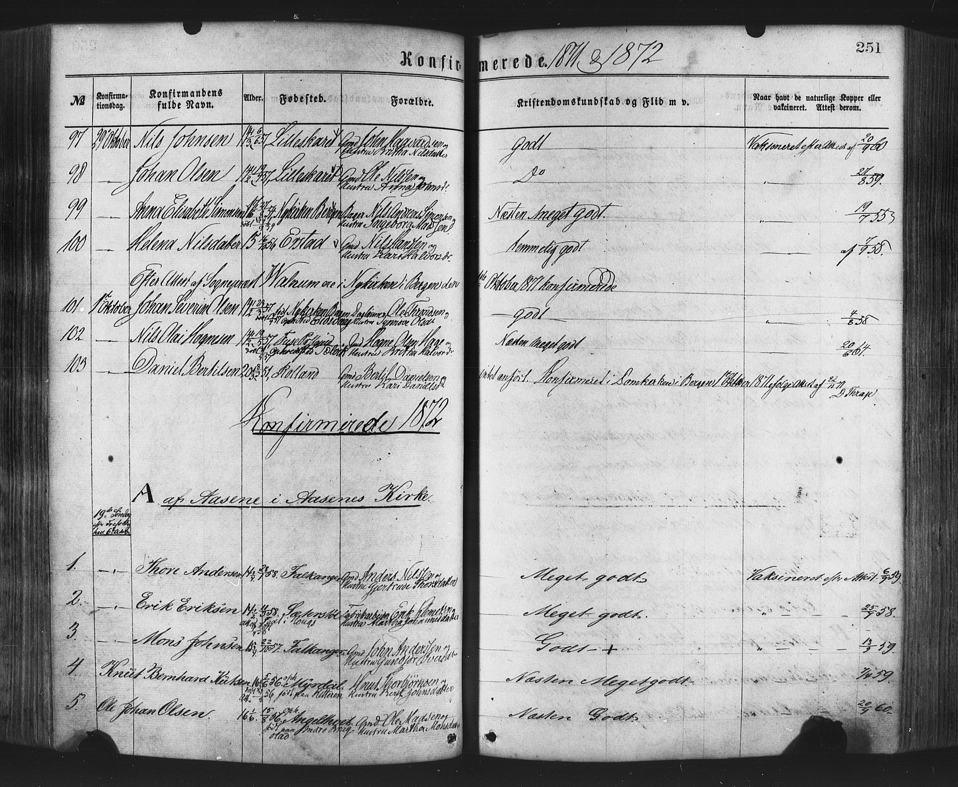 Hamre sokneprestembete, AV/SAB-A-75501/H/Ha/Haa/Haaa/L0015: Parish register (official) no. A 15, 1870-1881, p. 251