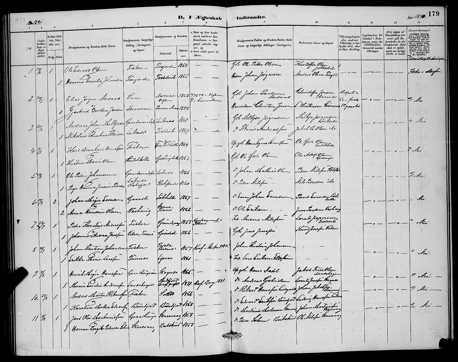 Lenvik sokneprestembete, SATØ/S-1310/H/Ha/Hab/L0007klokker: Parish register (copy) no. 7, 1890-1898, p. 179