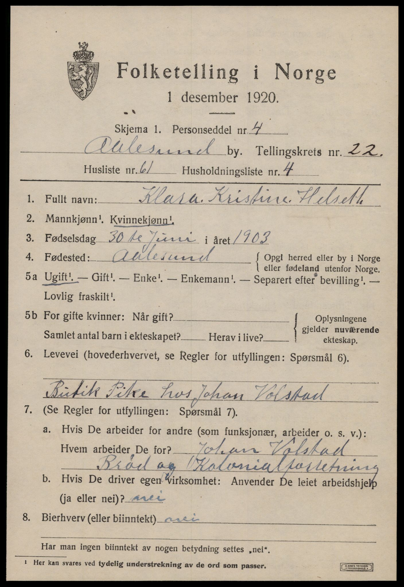 SAT, 1920 census for Ålesund, 1920, p. 42008