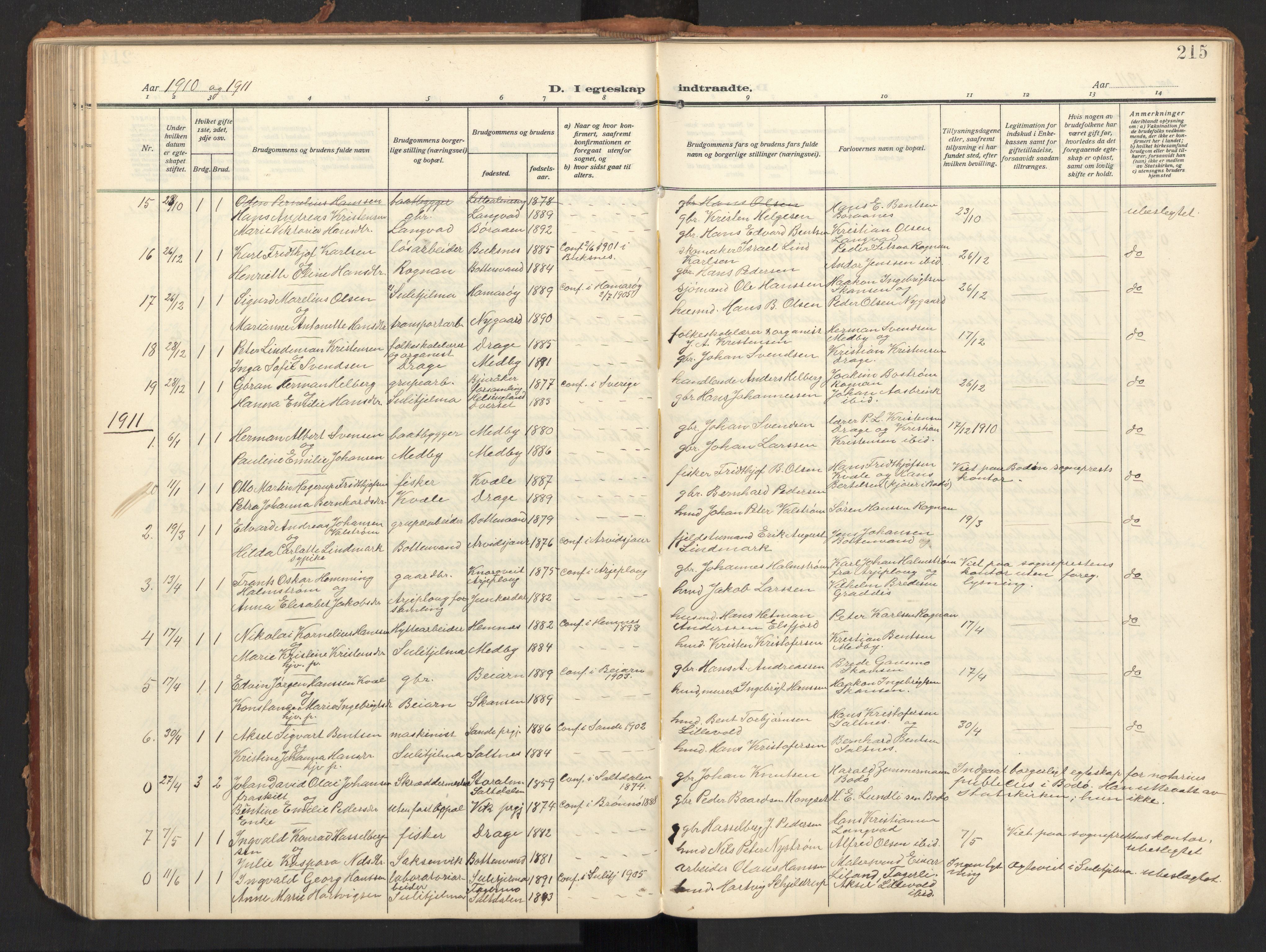 Ministerialprotokoller, klokkerbøker og fødselsregistre - Nordland, SAT/A-1459/847/L0683: Parish register (copy) no. 847C11, 1908-1929, p. 215