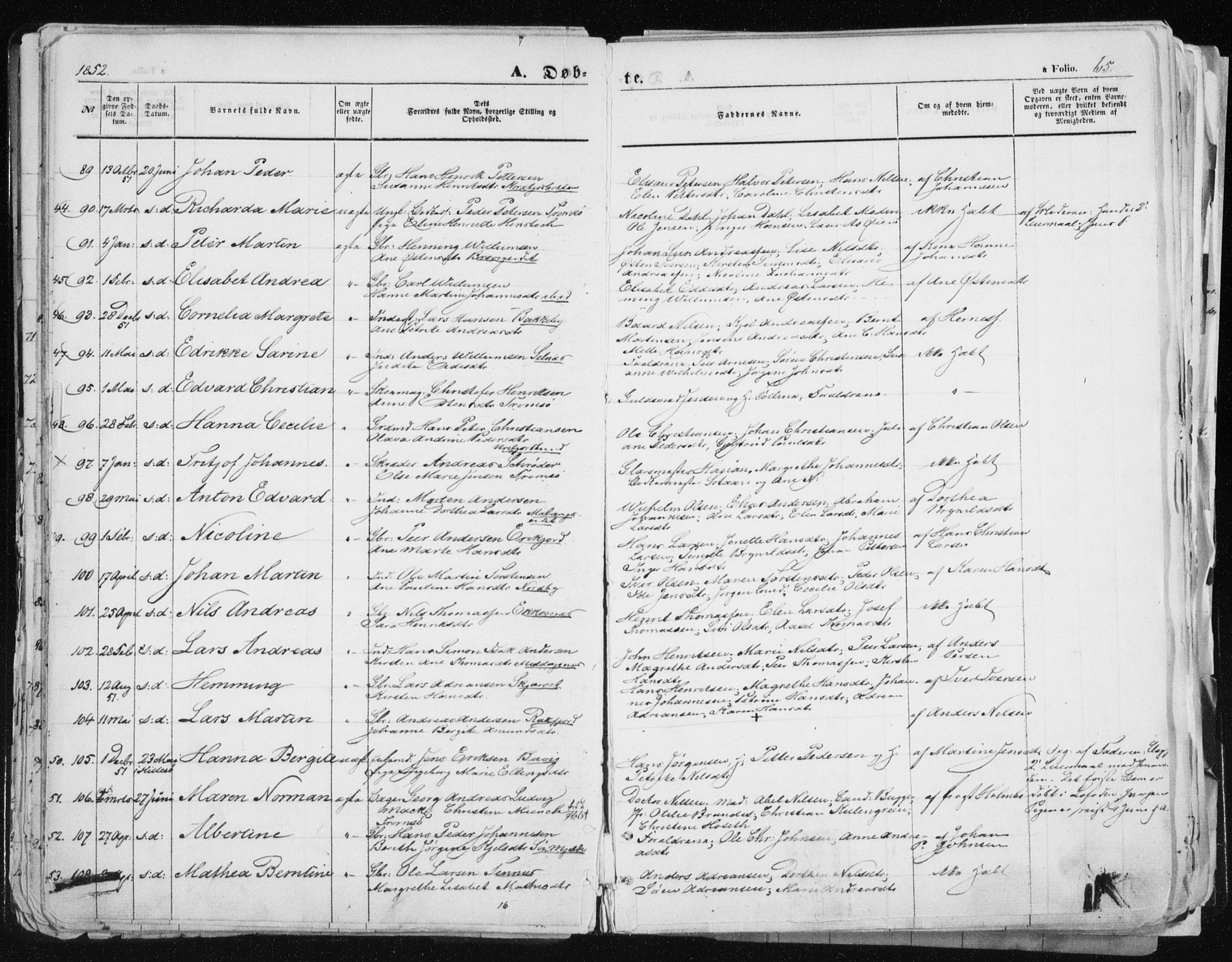 Tromsø sokneprestkontor/stiftsprosti/domprosti, SATØ/S-1343/G/Ga/L0010kirke: Parish register (official) no. 10, 1848-1855, p. 65