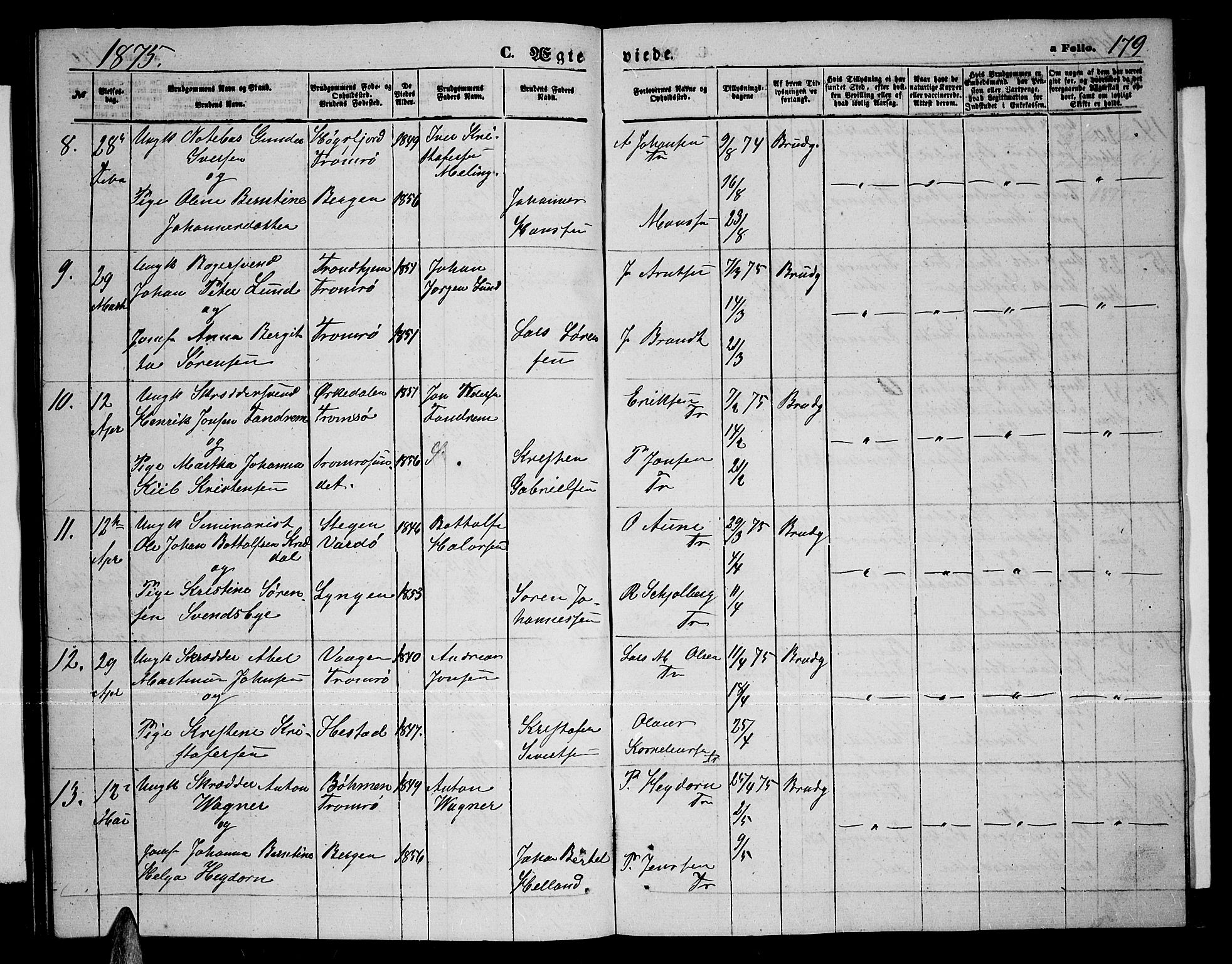 Tromsø sokneprestkontor/stiftsprosti/domprosti, SATØ/S-1343/G/Gb/L0007klokker: Parish register (copy) no. 7, 1867-1875, p. 179