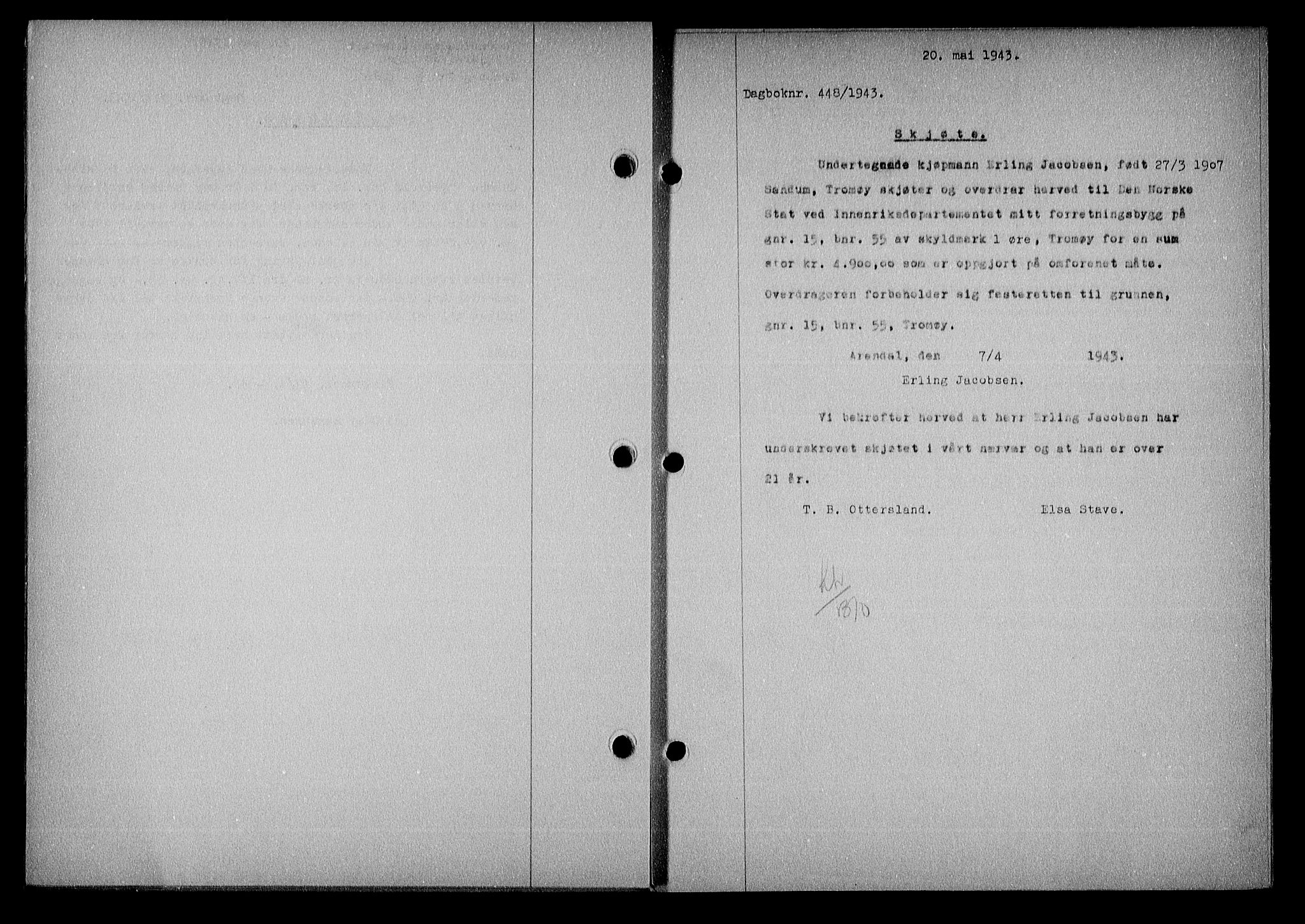Nedenes sorenskriveri, SAK/1221-0006/G/Gb/Gba/L0050: Mortgage book no. A-IV, 1942-1943, Diary no: : 448/1943