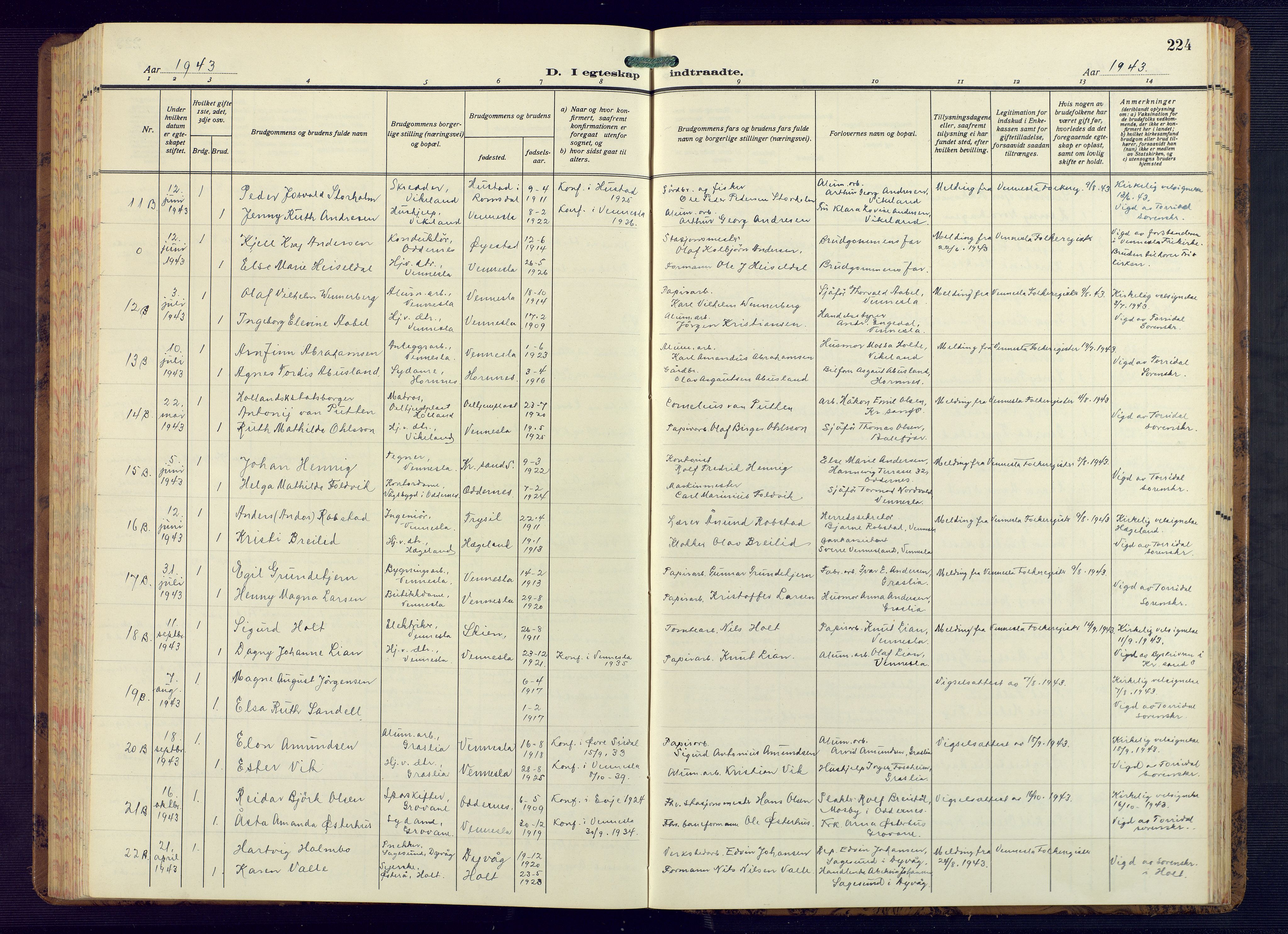 Vennesla sokneprestkontor, SAK/1111-0045/Fb/Fbb/L0008: Parish register (copy) no. B 8, 1934-1947, p. 224