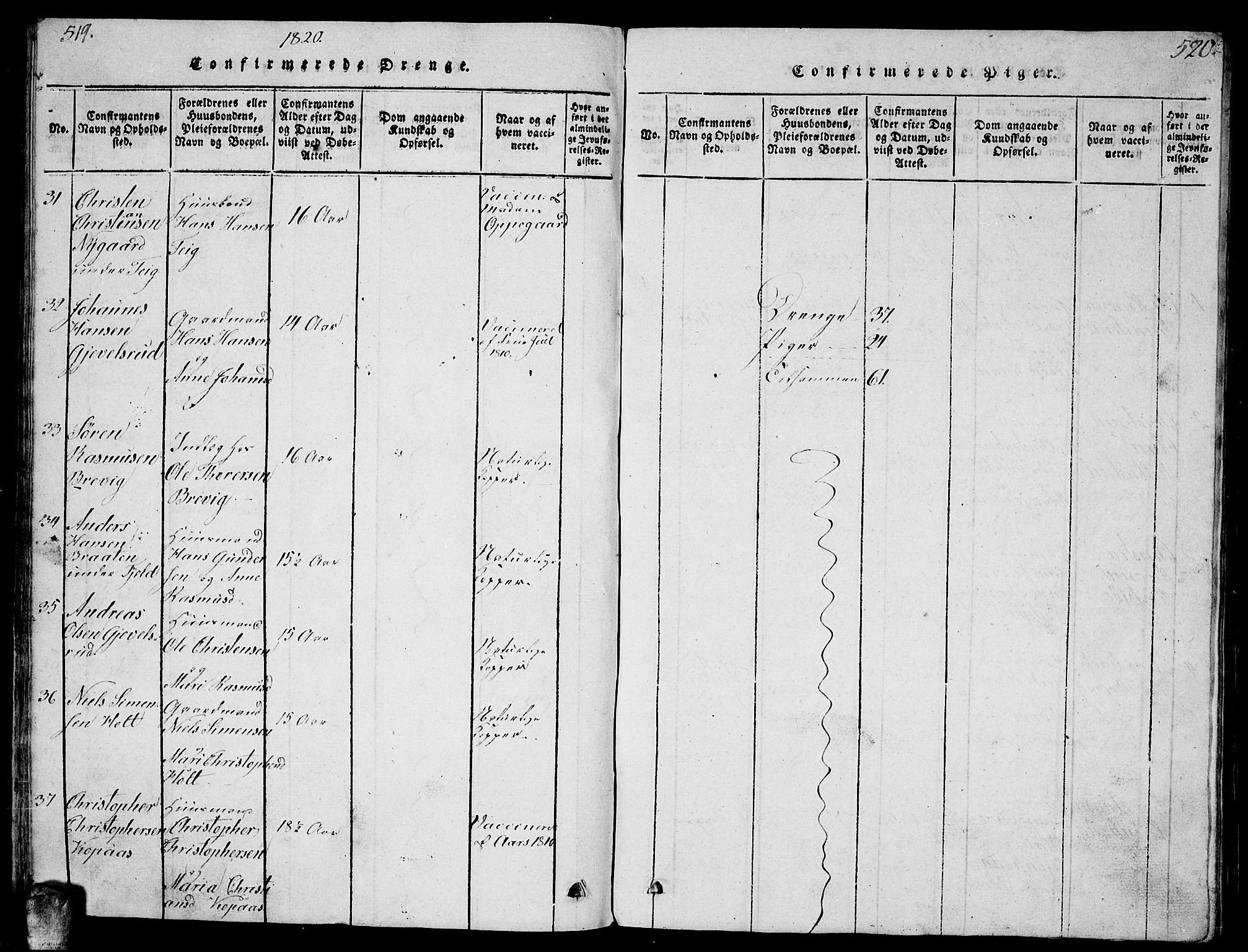 Enebakk prestekontor Kirkebøker, AV/SAO-A-10171c/G/Ga/L0001: Parish register (copy) no. I 1, 1815-1833, p. 519-520