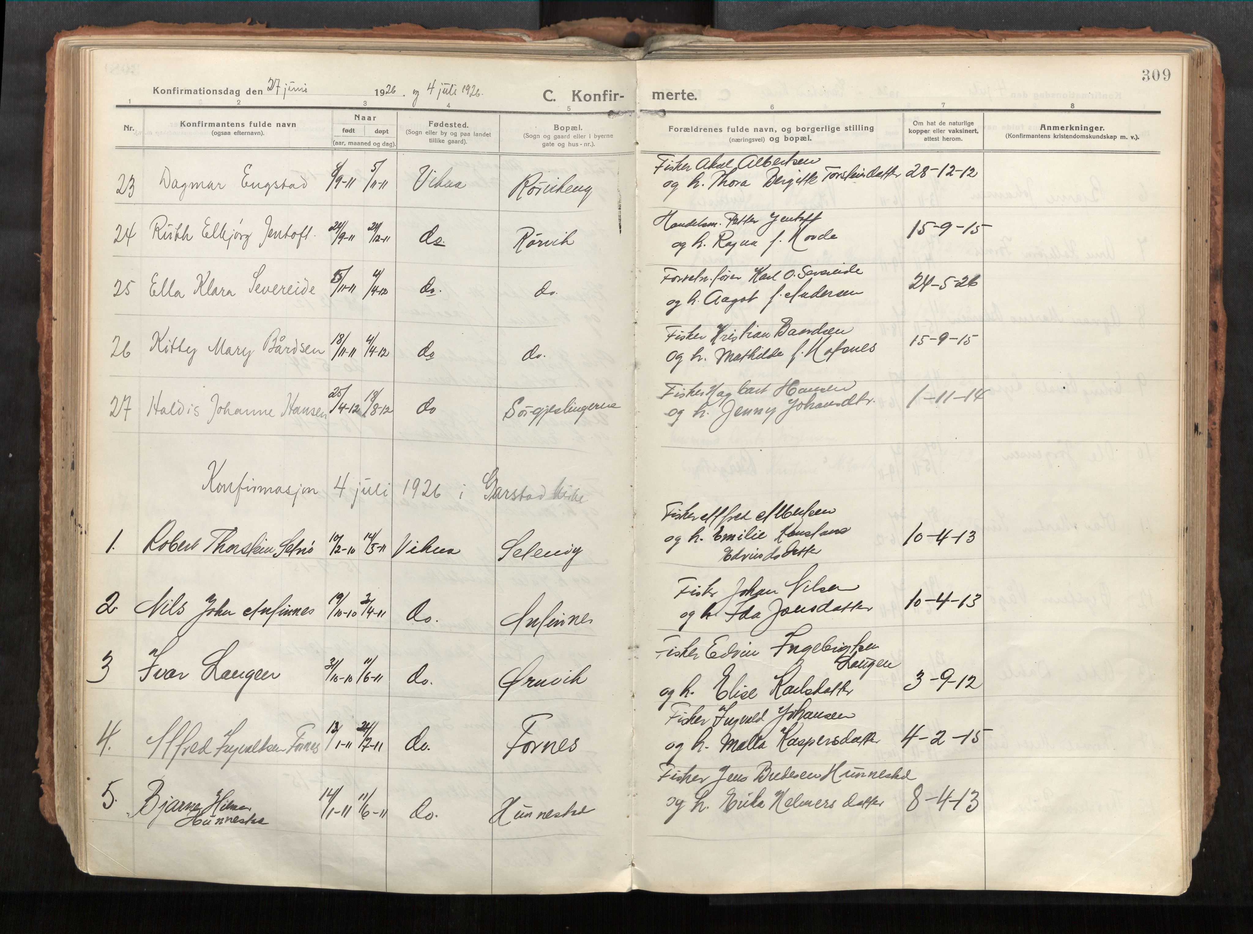 Vikna sokneprestkontor, AV/SAT-A-1173/1/I/I1/I1a/L0001: Parish register (official) no. 1, 1913-1934, p. 309