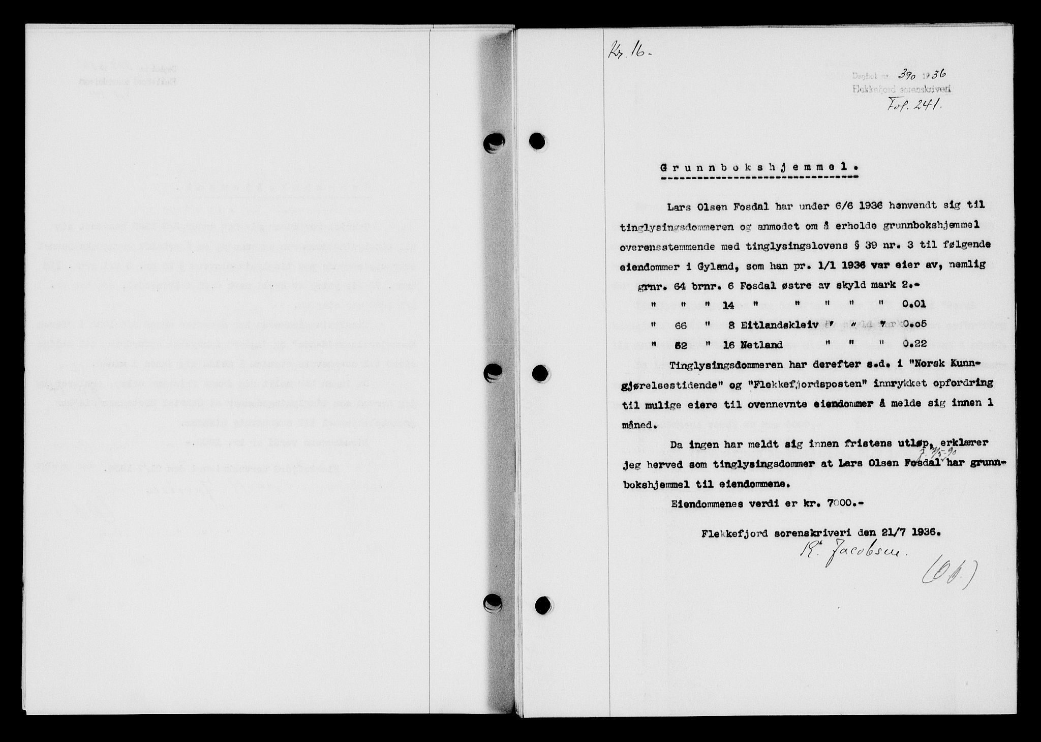 Flekkefjord sorenskriveri, SAK/1221-0001/G/Gb/Gba/L0053: Mortgage book no. A-1, 1936-1937, Diary no: : 390/1936