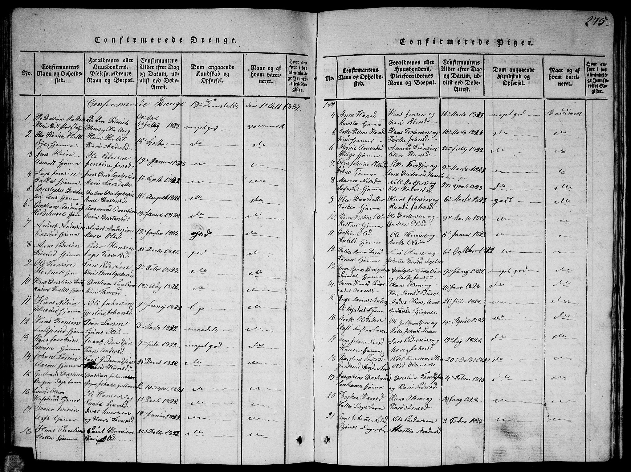 Fet prestekontor Kirkebøker, SAO/A-10370a/G/Ga/L0001: Parish register (copy) no. I 1, 1815-1842, p. 275