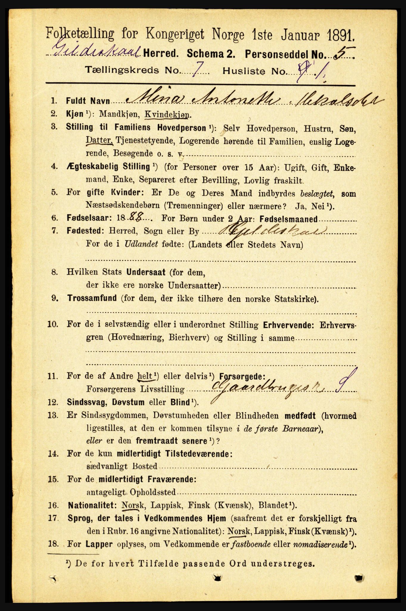 RA, 1891 census for 1838 Gildeskål, 1891, p. 2243