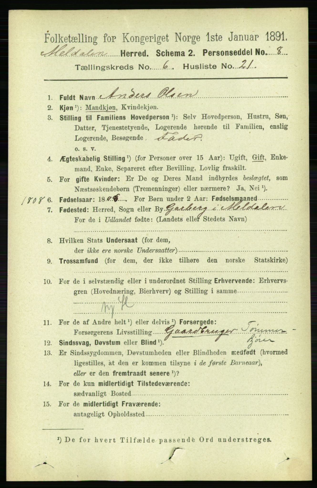 RA, 1891 census for 1636 Meldal, 1891, p. 3005