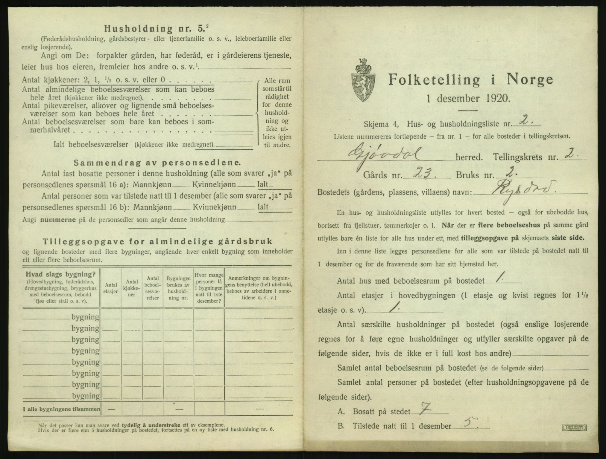 SAK, 1920 census for Gjøvdal, 1920, p. 126