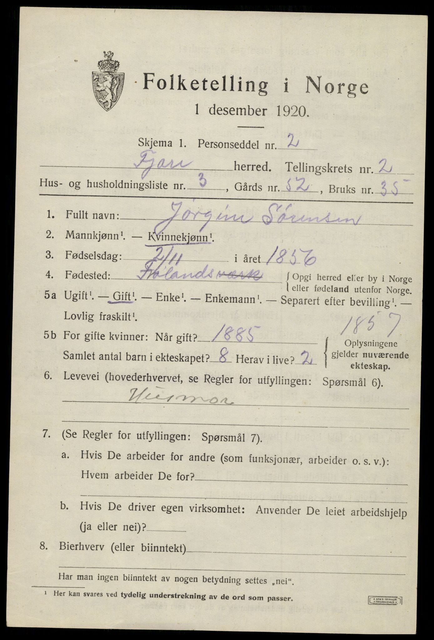 SAK, 1920 census for Fjære, 1920, p. 3265