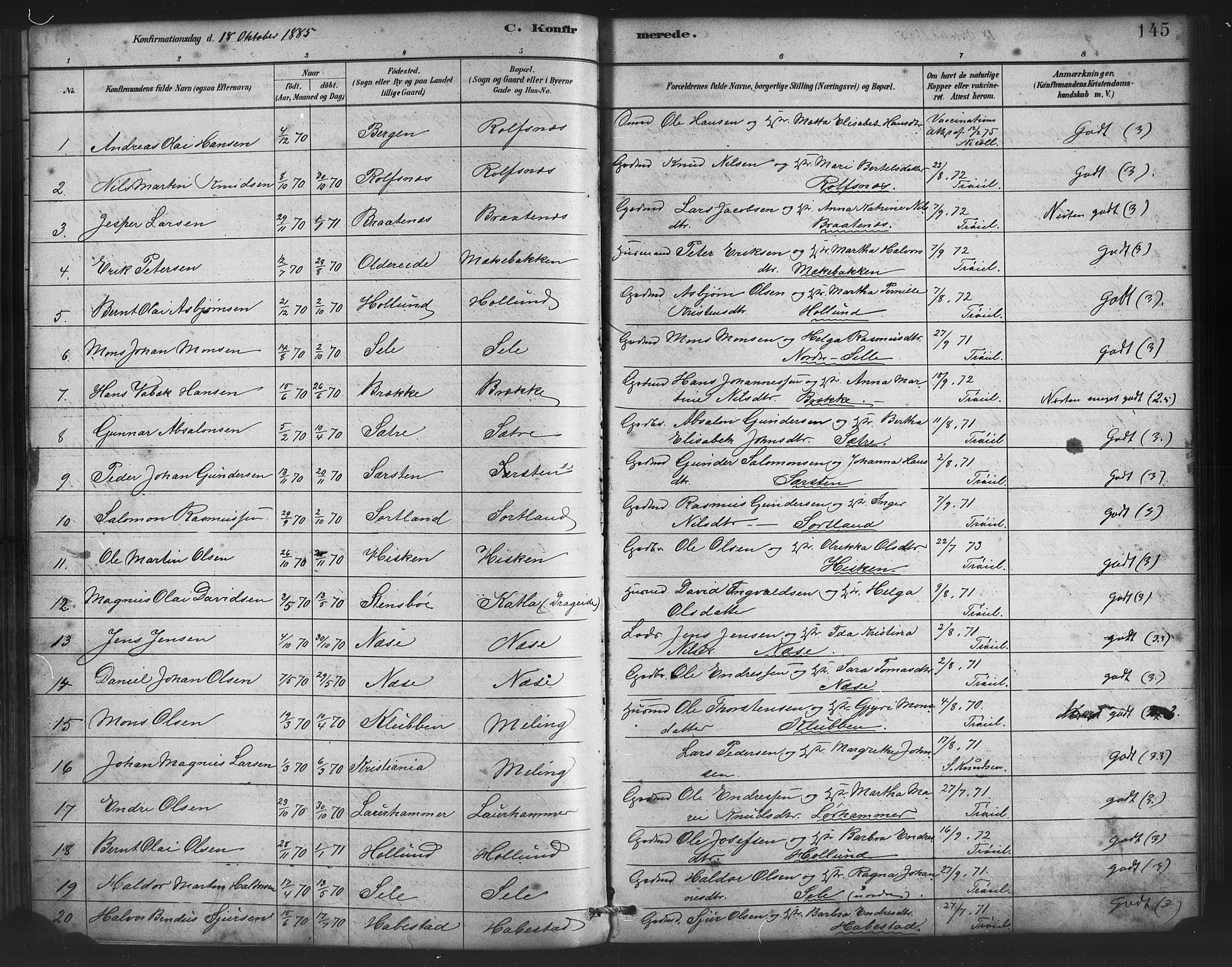 Finnås sokneprestembete, SAB/A-99925/H/Ha/Haa/Haac/L0001: Parish register (official) no. C 1, 1881-1894, p. 145