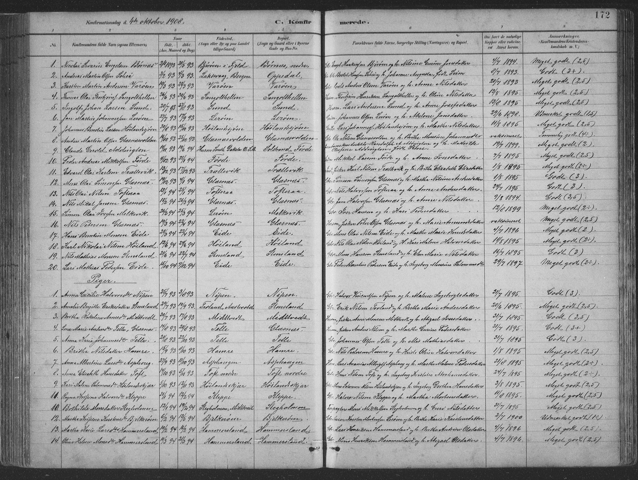 Sund sokneprestembete, SAB/A-99930: Parish register (copy) no. B 3, 1882-1911, p. 172
