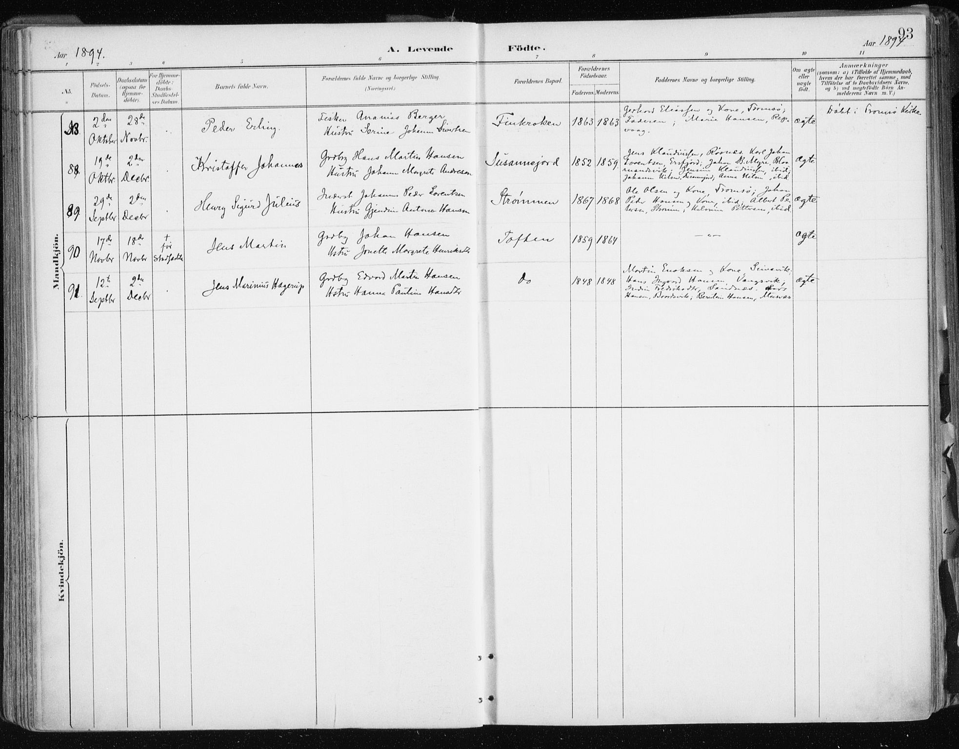 Tromsøysund sokneprestkontor, AV/SATØ-S-1304/G/Ga/L0005kirke: Parish register (official) no. 5, 1888-1896, p. 93