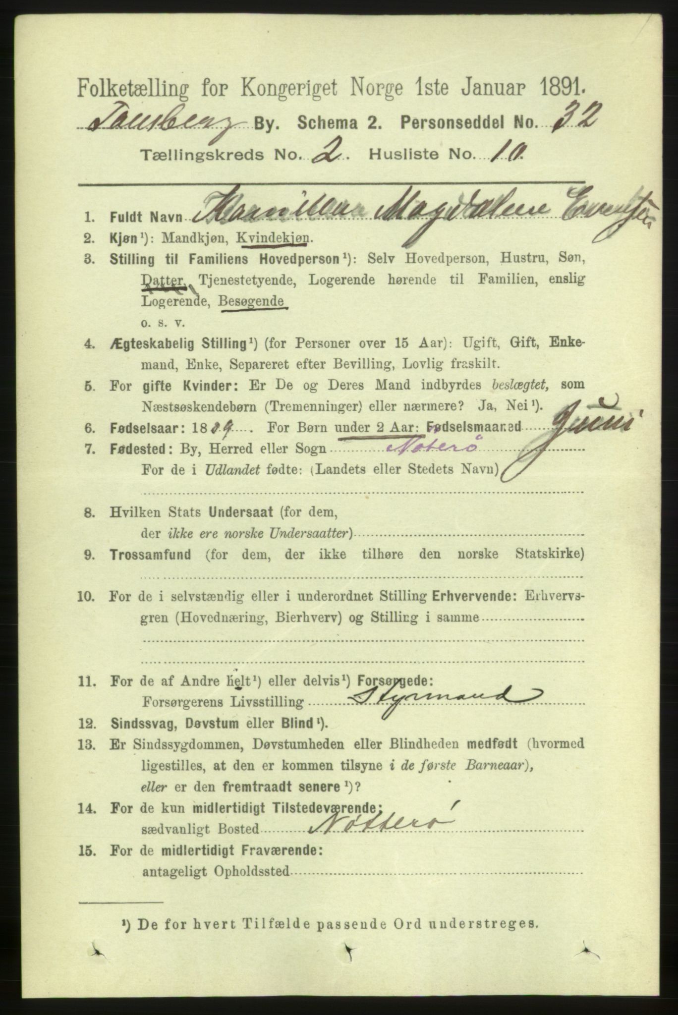 RA, 1891 census for 0705 Tønsberg, 1891, p. 1605