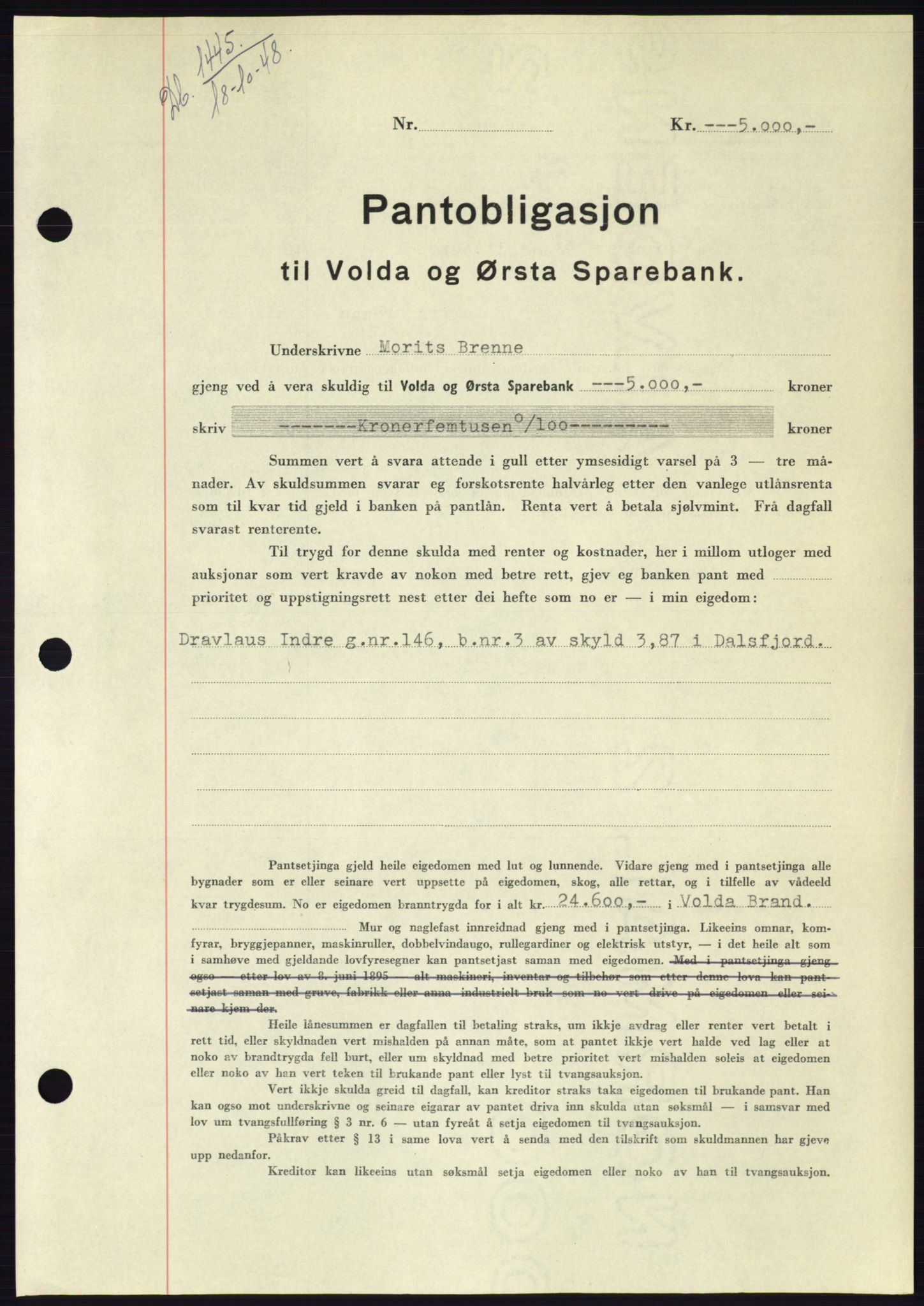 Søre Sunnmøre sorenskriveri, AV/SAT-A-4122/1/2/2C/L0116: Mortgage book no. 4B, 1948-1949, Diary no: : 1445/1948