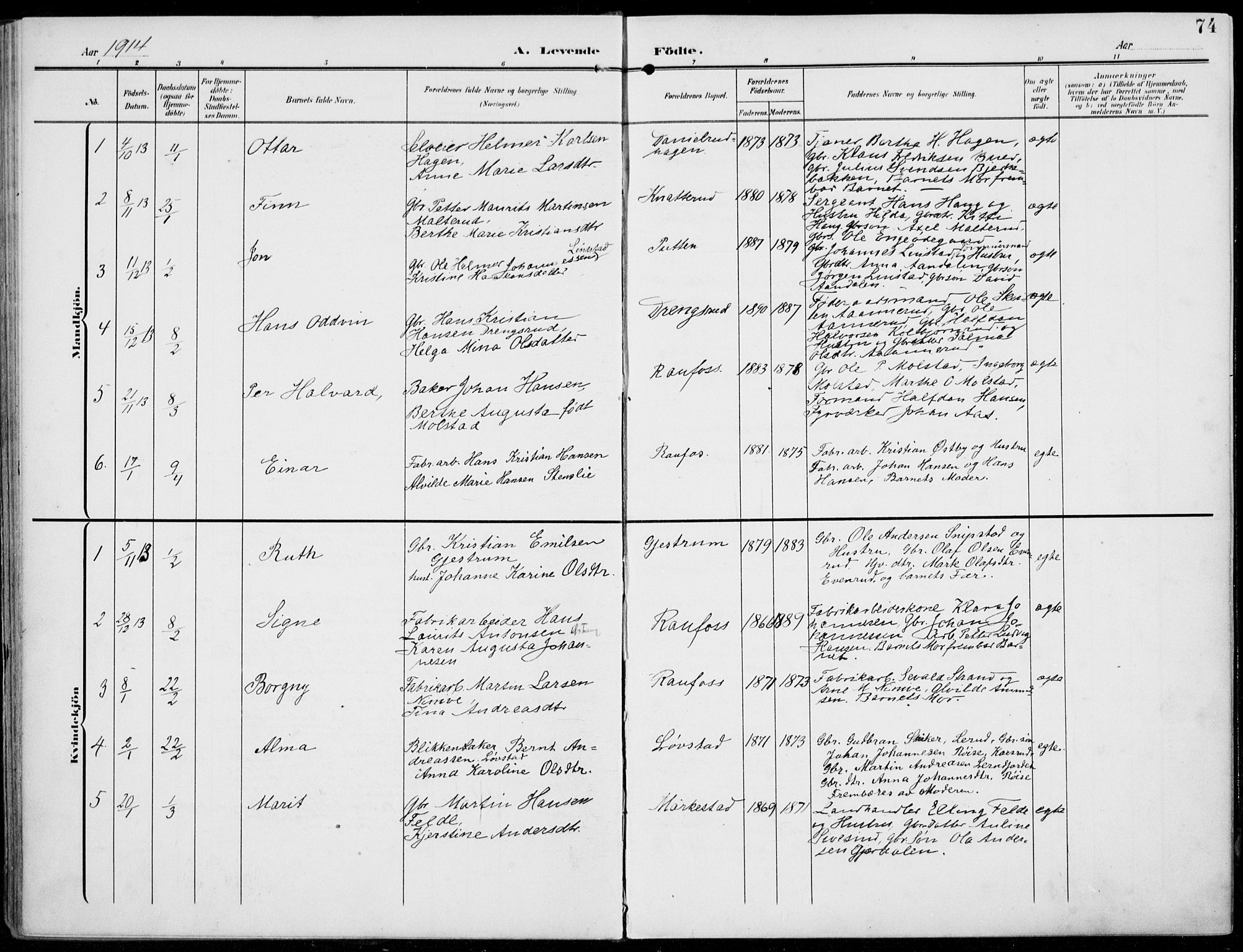 Vestre Toten prestekontor, SAH/PREST-108/H/Ha/Haa/L0014: Parish register (official) no. 14, 1907-1920, p. 74