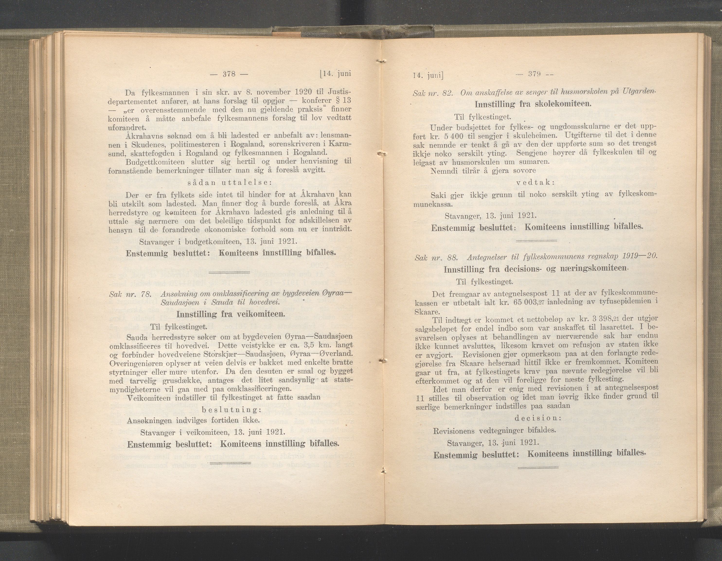 Rogaland fylkeskommune - Fylkesrådmannen , IKAR/A-900/A/Aa/Aaa/L0040: Møtebok , 1921, p. 378-379