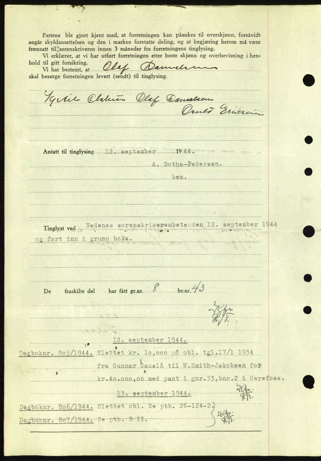 Nedenes sorenskriveri, AV/SAK-1221-0006/G/Gb/Gba/L0052: Mortgage book no. A6a, 1944-1945, Diary no: : 804/1944